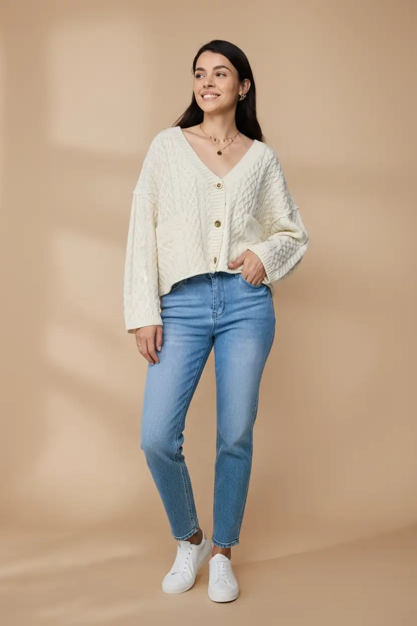 Lovesoft Lovesoft - 100% Acrylic Relaxed Cozy Cable Knit Cardigan - Apricot - Cardigans