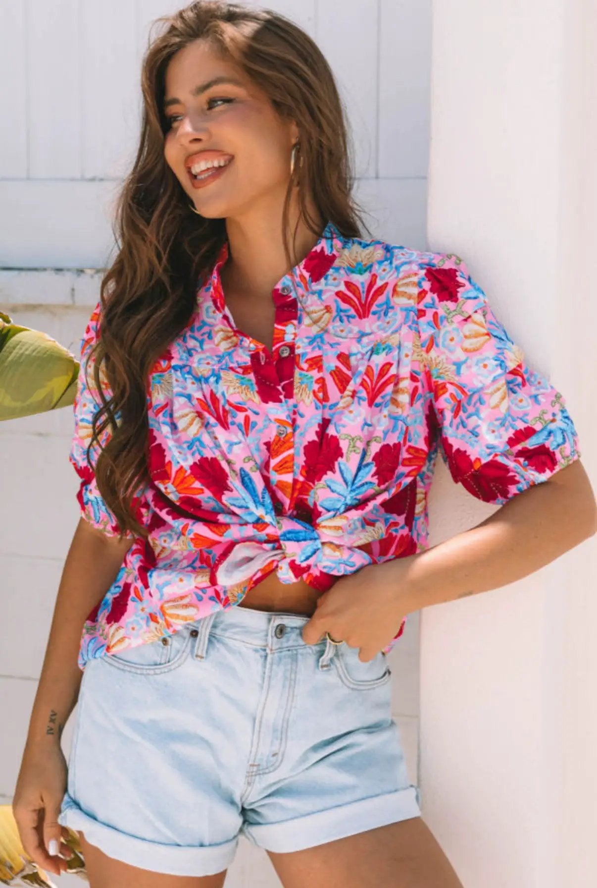Grateful Threads Boutique Tropical Tango Bubble Sleeve Button-Up Pleated Top - Blouses