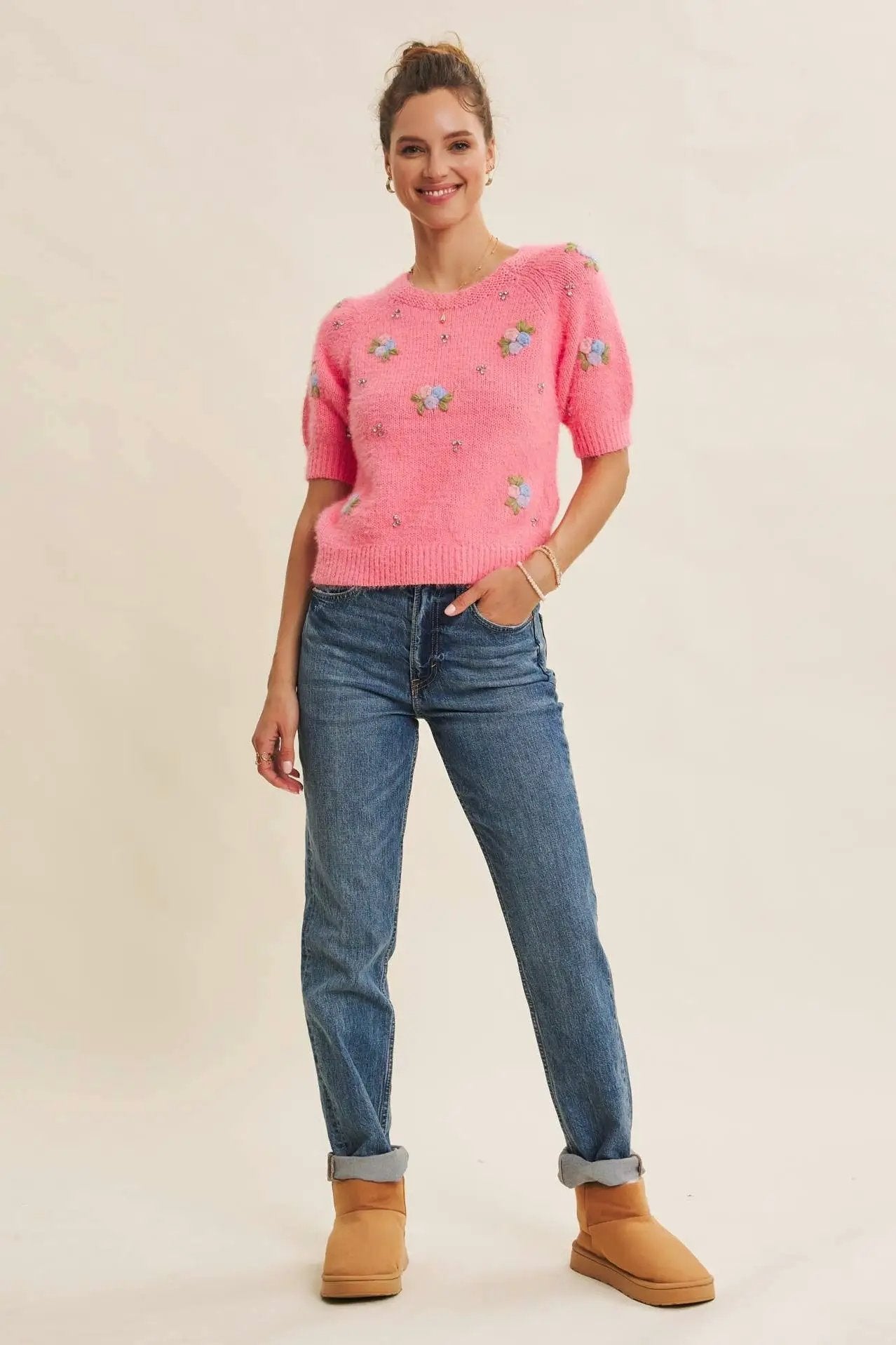 in february The Bloom Embroidered Fuzzy Sweater in Candy Pink - Sweaters