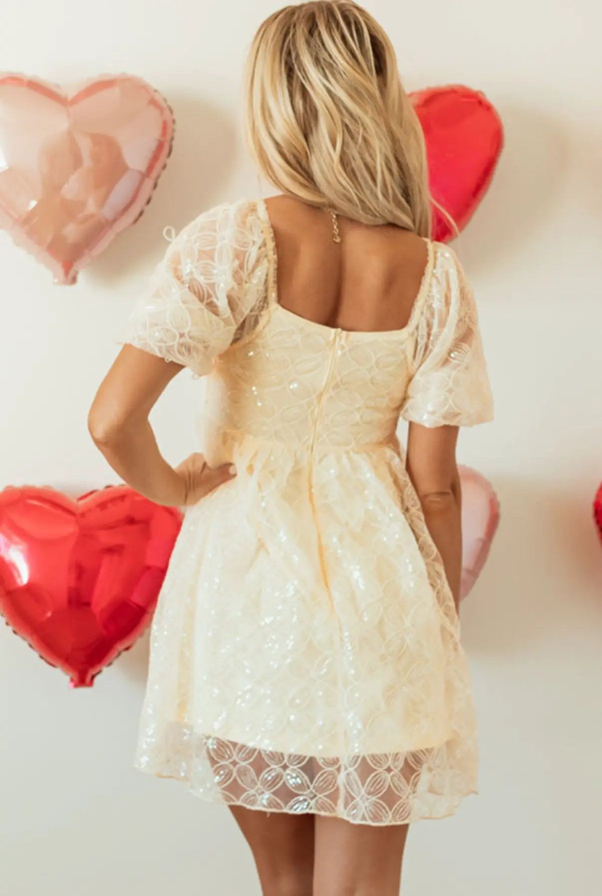 Grateful Threads Boutique Golden Hour Glam Sequin Lace Dress - Dresses Apricot Sequined Lace Mesh Bubble Sleeve Square Neck Dress