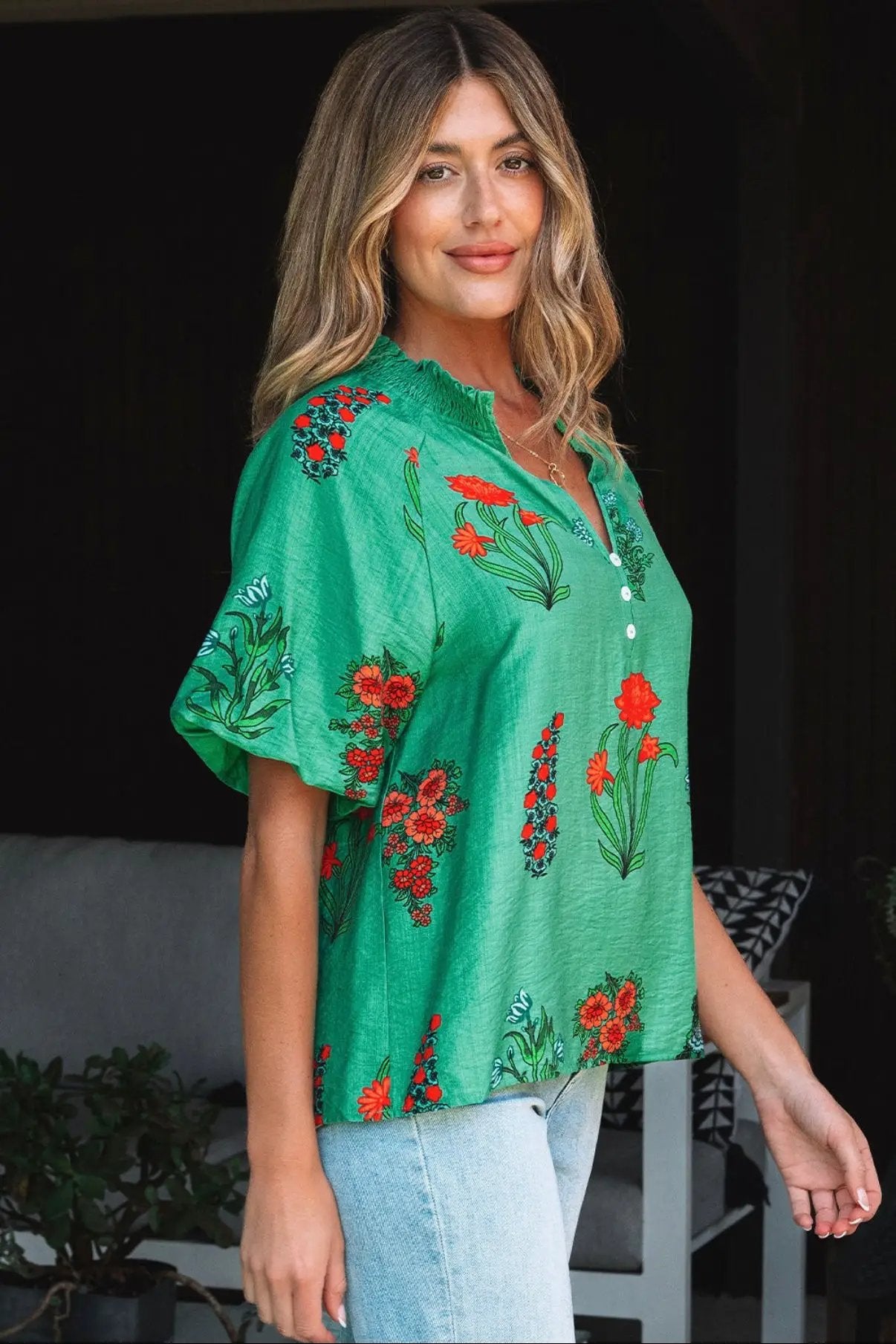 Grateful Threads Boutique Evergreen Bloom Buttoned V-Neck Floral Blouse - Blouses green floral print buttoned v neck blouse