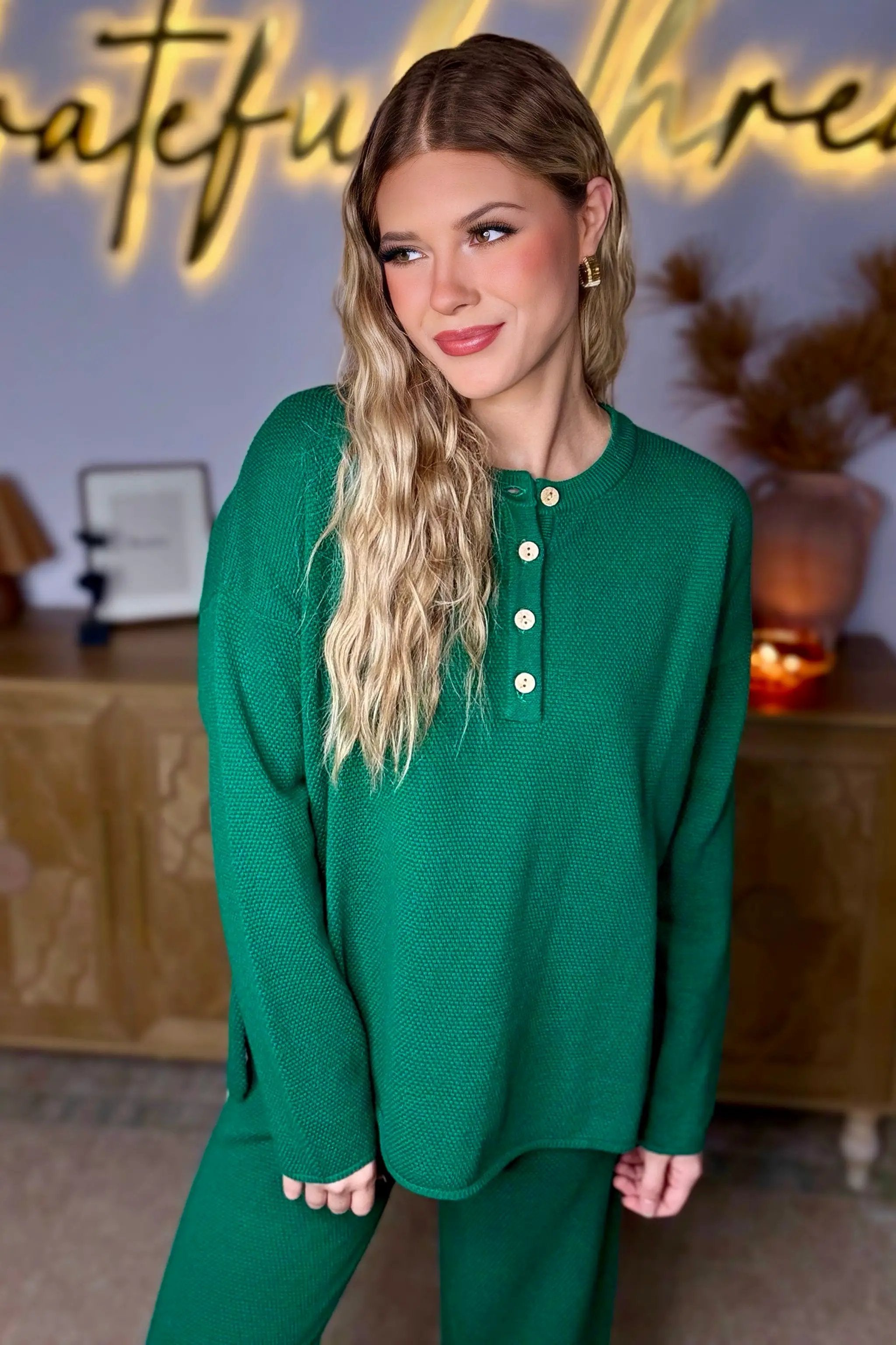 Le Lis LE LIS Dark Green Button Up Sweater Top - Matching Pants Available - Sweaters