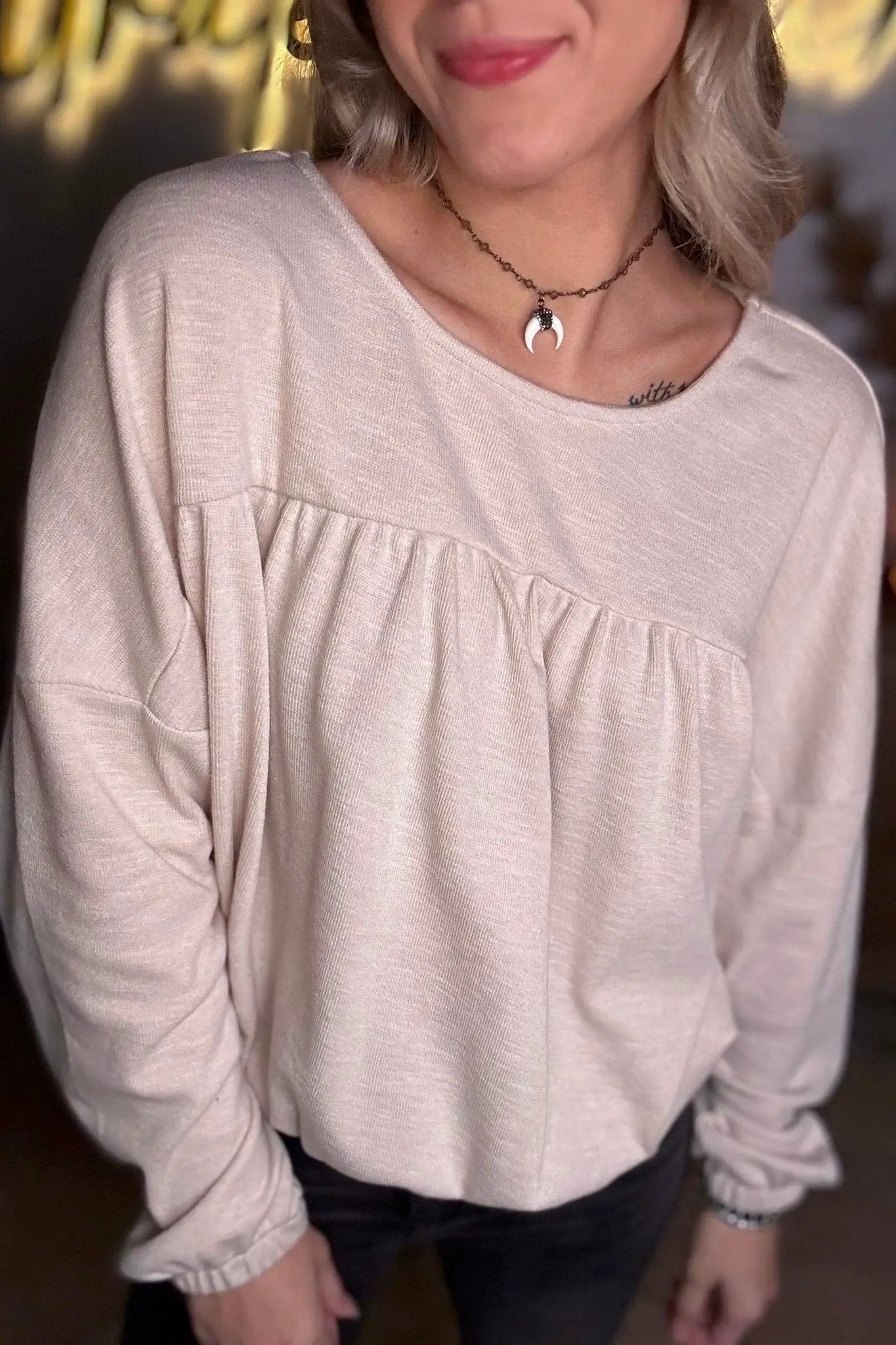 Grateful Threads Boutique Driftwood Dreams Drop Shoulder Top - Sweaters Jet Stream Textured Pleated Drop Shoulder Long Sleeve Knit Top