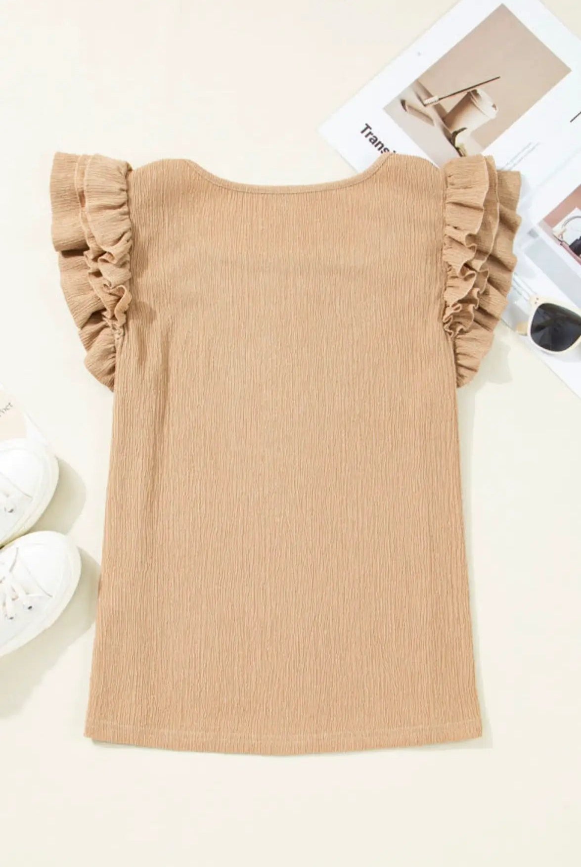 Light mocha textured top with ruffled tiered sleeves and square neck, featuring a slim fit ribbed knit design.