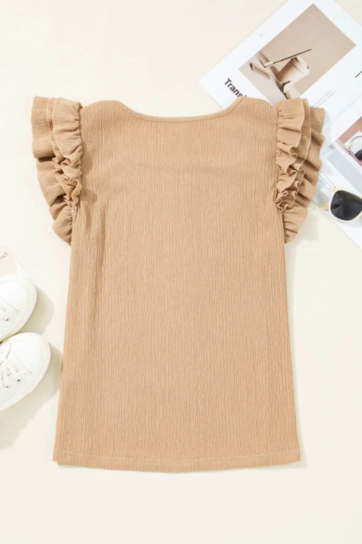 Light mocha textured top with ruffled tiered sleeves and square neck, featuring a slim fit ribbed knit design.