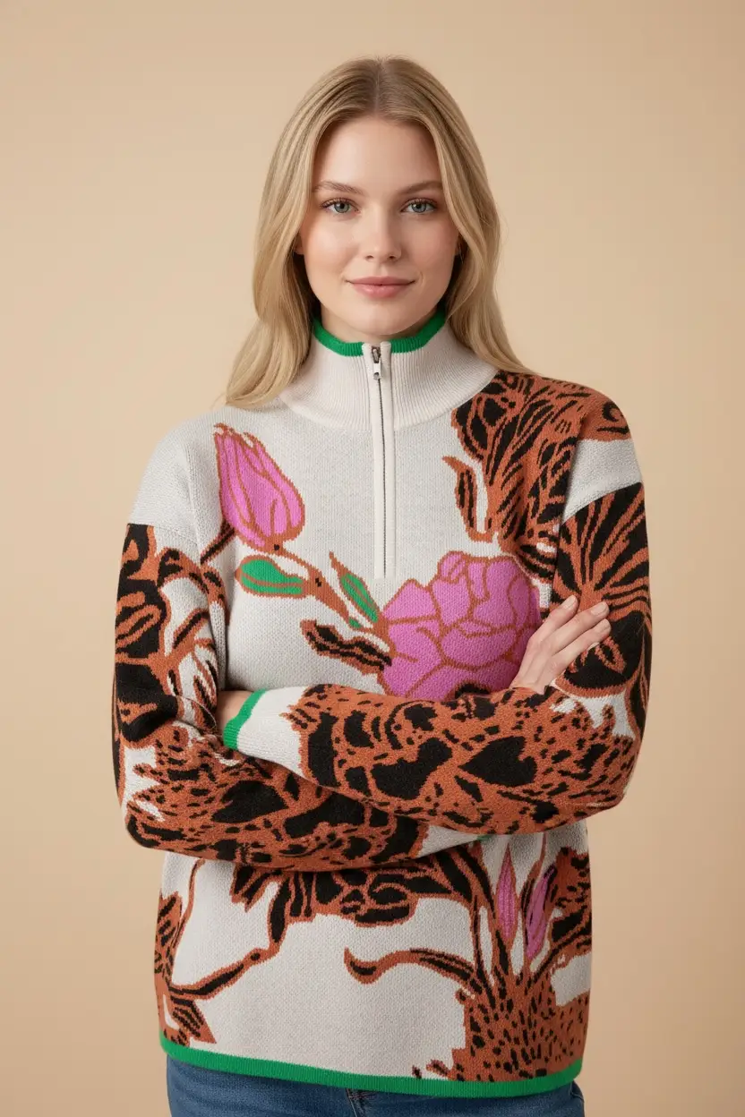 Grateful Threads Boutique Khaki Contrast Trim Floral Pattern Knit Quarter Zip Stand Neck Sweater - Sweaters Khaki Contrast Trim Floral Pattern Knit Quarter Zip Stand Neck Sweater