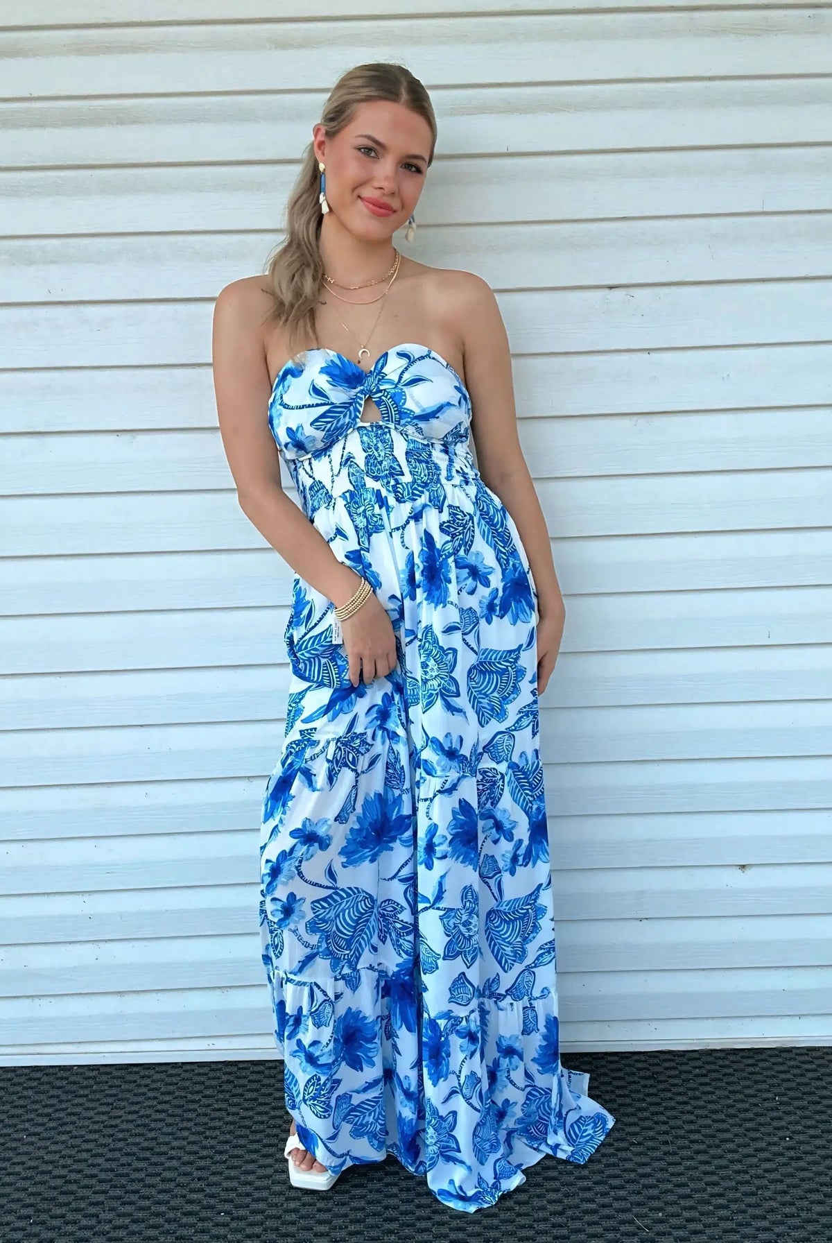Promesa USA Cream & Blue Floral Crepe Strapless Wide-Leg Ruffle Jumpsuit - One-Pieces Promesa USA Cream & Blue Floral Crepe Strapless Wide-Leg Ruffle Jumpsuit