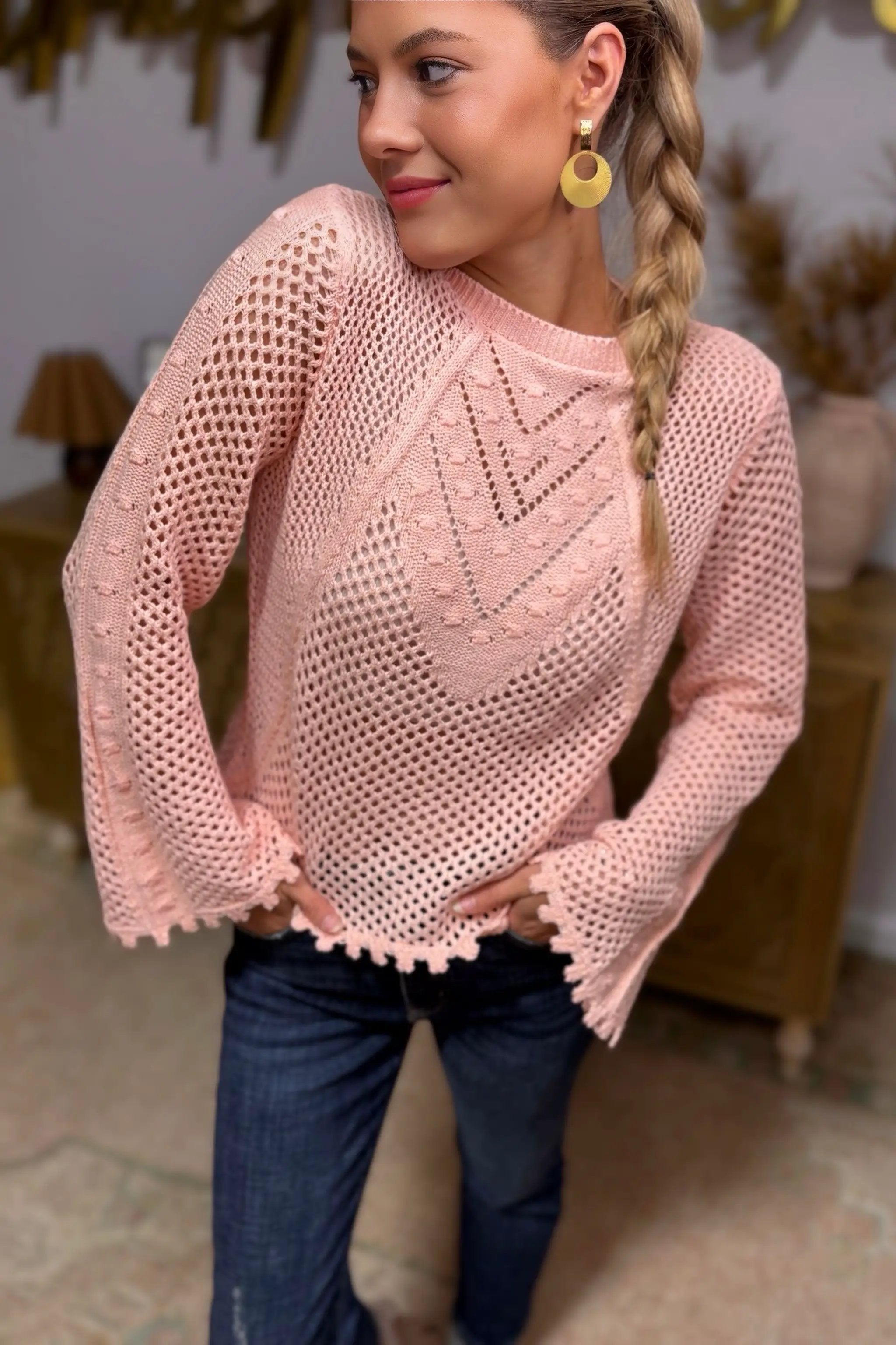 Grateful Threads Boutique Pink Hollowed Eyelets Knit Bell Sleeve Sweater - Sweaters Pink Hollowed Eyelets Knit Bell Sleeve Sweater