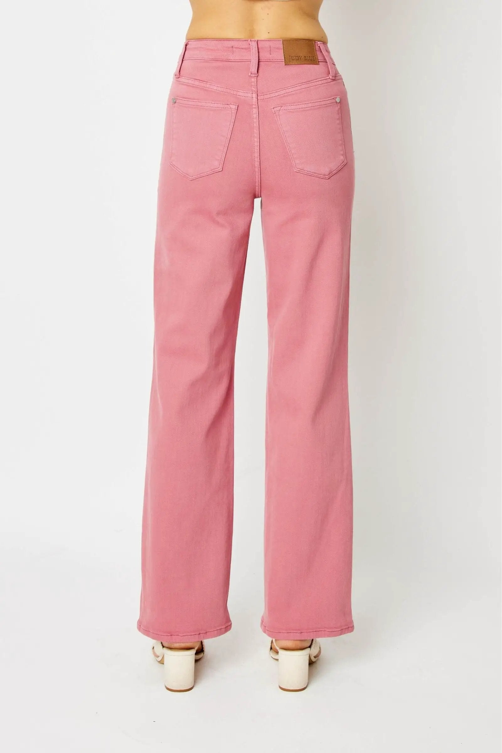 Grateful Threads Boutique Judy Blue High Waisted Dyed Crochet Patches Wide Dusty Rose Jeans - Jeans Judy Blue High Waisted Dyed Crochet Patches Wide Dusty Rose Jeans