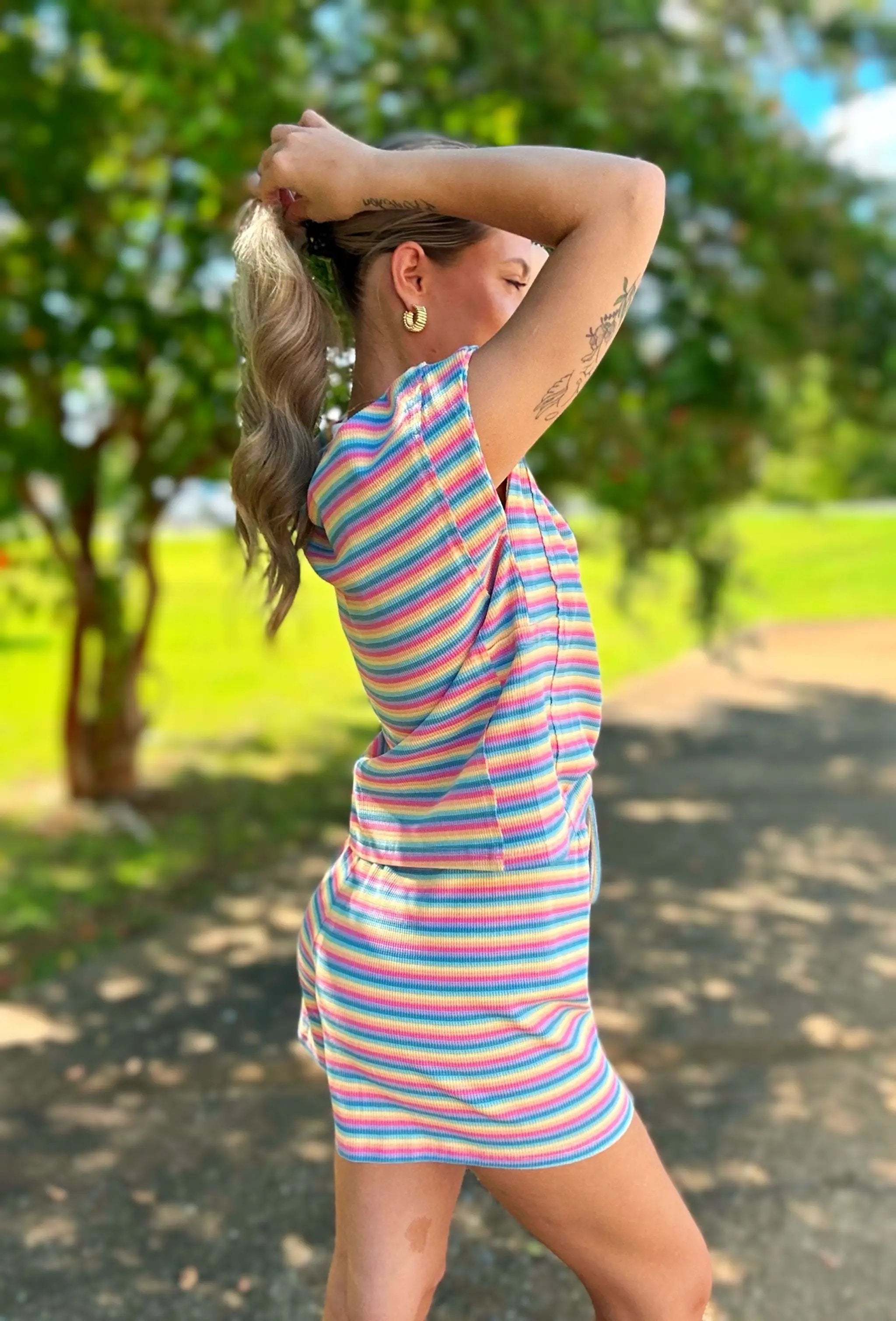 Grateful Threads Boutique Summer Stripes Lounge Set – Tee & Tassel Shorts - Outfit Sets