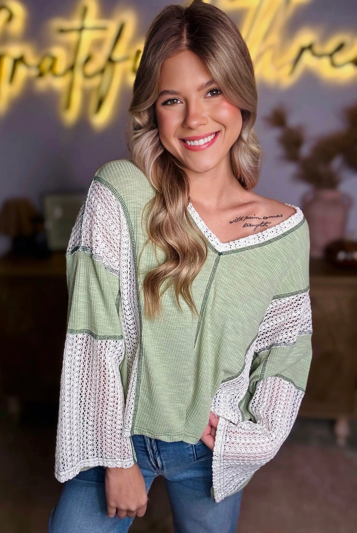 Grateful Threads Boutique Sage Meadow Crochet Boho Top - Blouses Grass Green Crochet Detail Exposed Seam High Low Loose Top