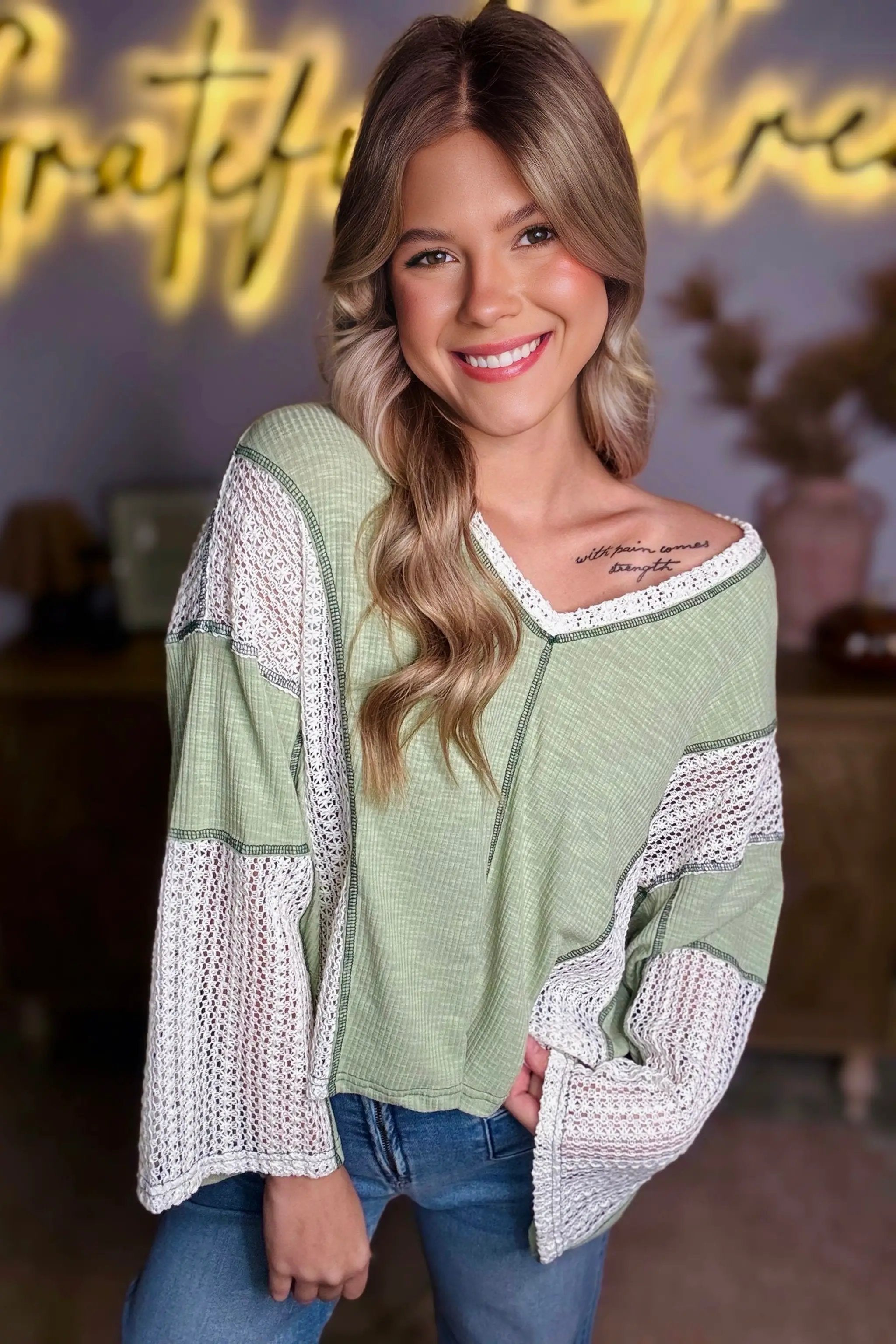 Grateful Threads Boutique Sage Meadow Crochet Boho Top - Blouses Grass Green Crochet Detail Exposed Seam High Low Loose Top