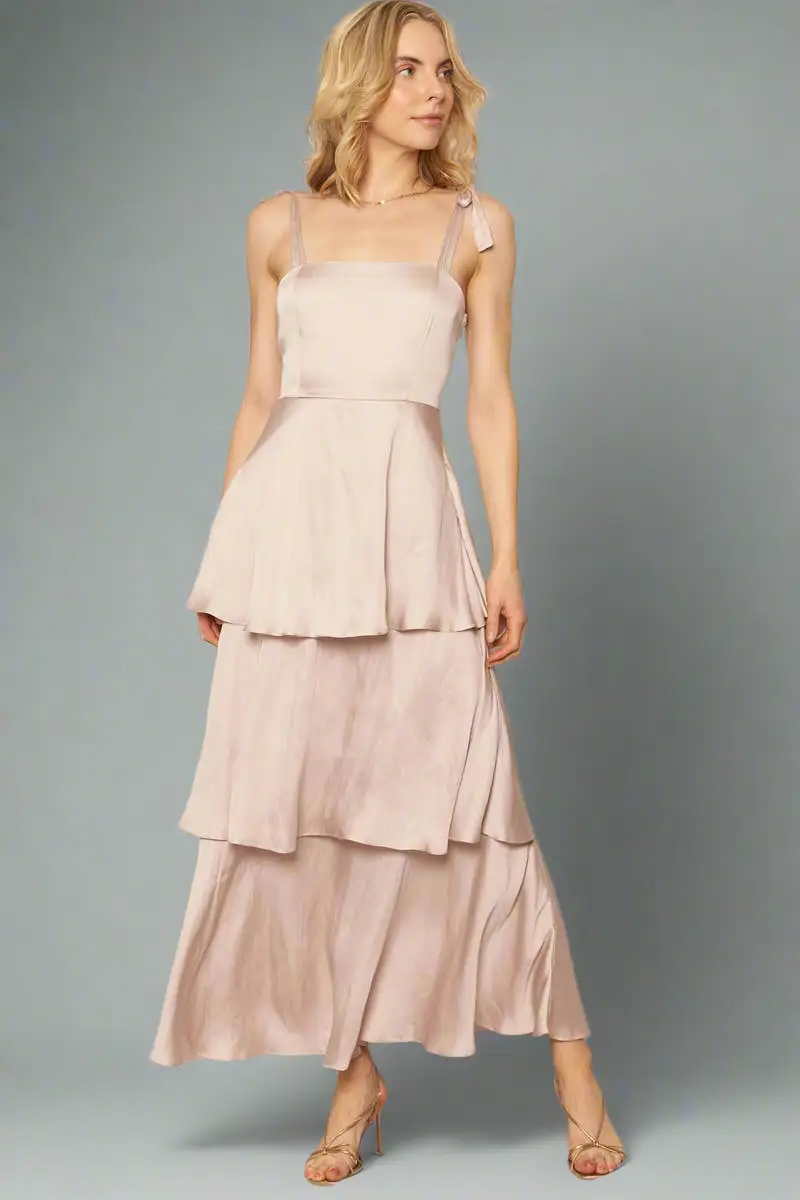 En Crème En Crème Champagne Shoulder Tie Satin Tiered Maxi Dress - Dresses