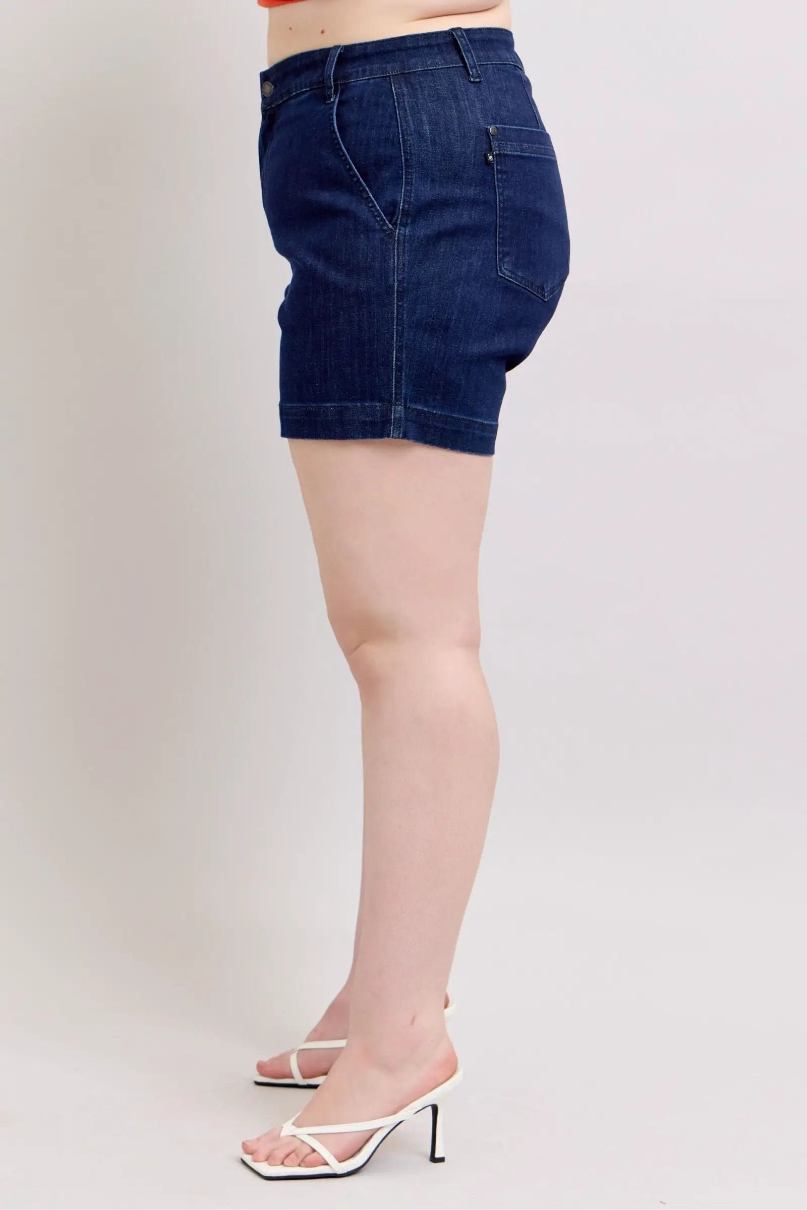 Judy Blue The High Waist Tummy Control Dark Denim Trouser Shorts: CURVY - Shorts