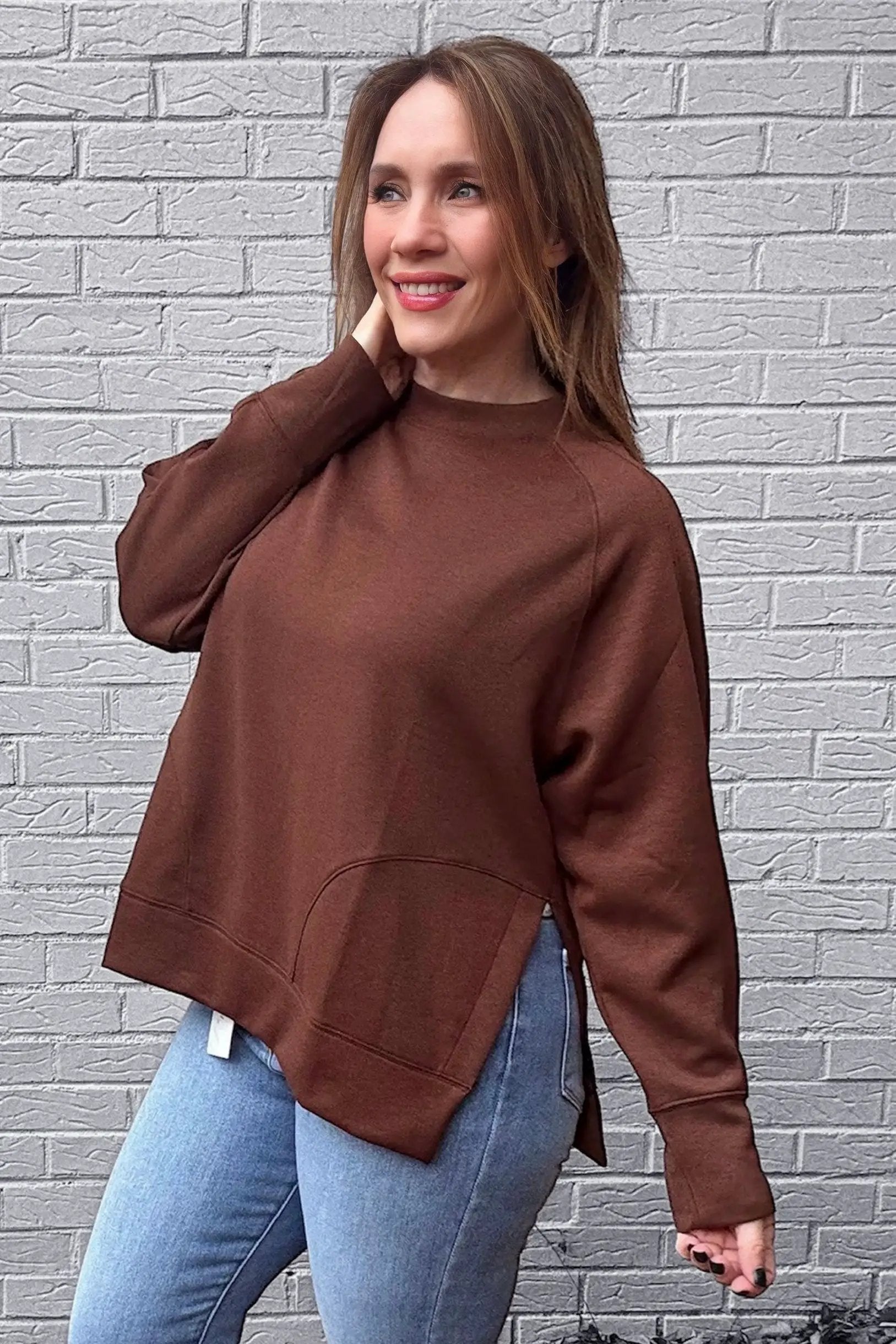 Zenana Zenana Scuba Round Neck Pullover with Side Slits - Sweatshirts Zenana Scuba Round Neck Pullover with Side Slits