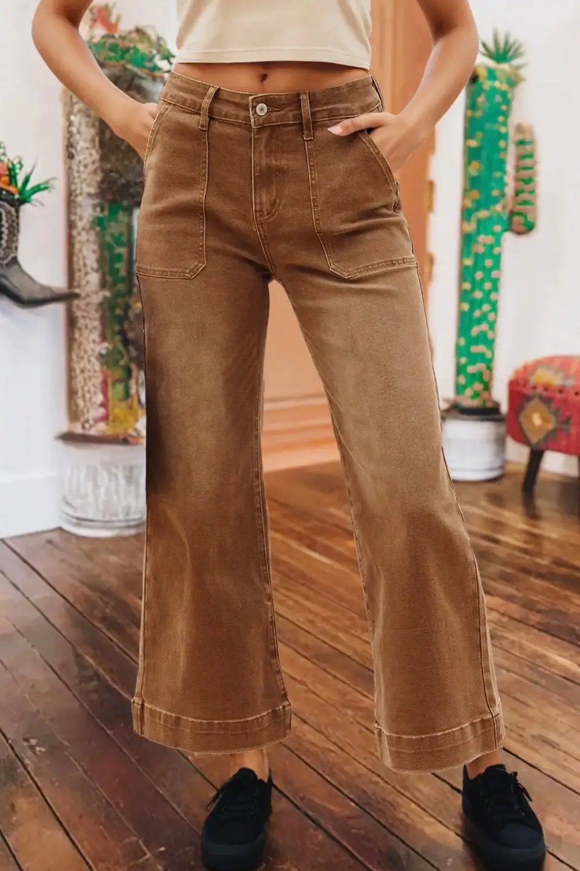 Grateful Threads Boutique Chestnut Wash Cropped High Rise Wide Leg Jeans - Jeans Cropped High Rise Wide Leg Jeans