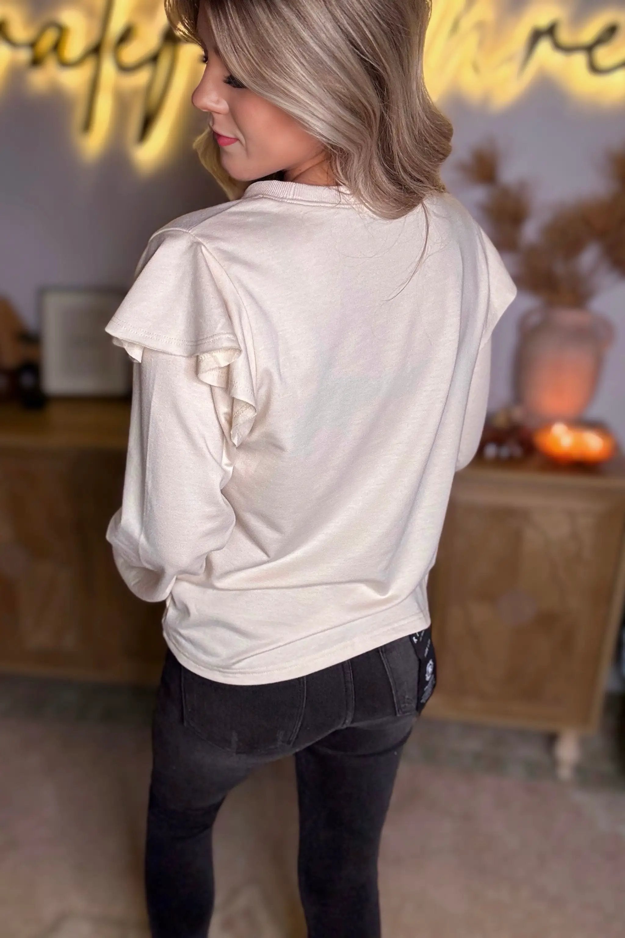 Grateful Threads Boutique Jet Stream Chic Ruffled Shoulder Cream Sweatshirt - Sweatshirts