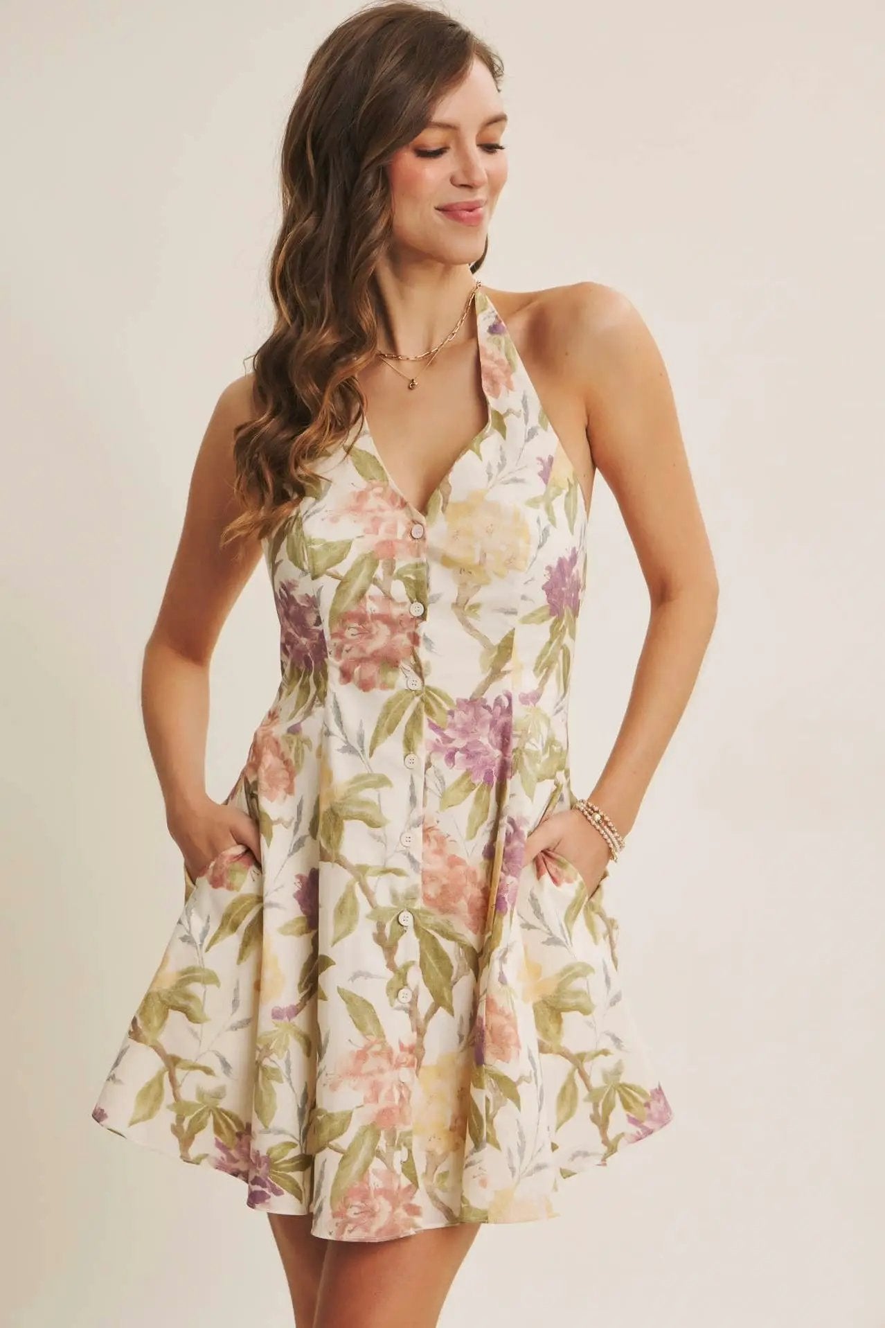 in february The Meadowlight Floral Halter Mini Dress - Dresses