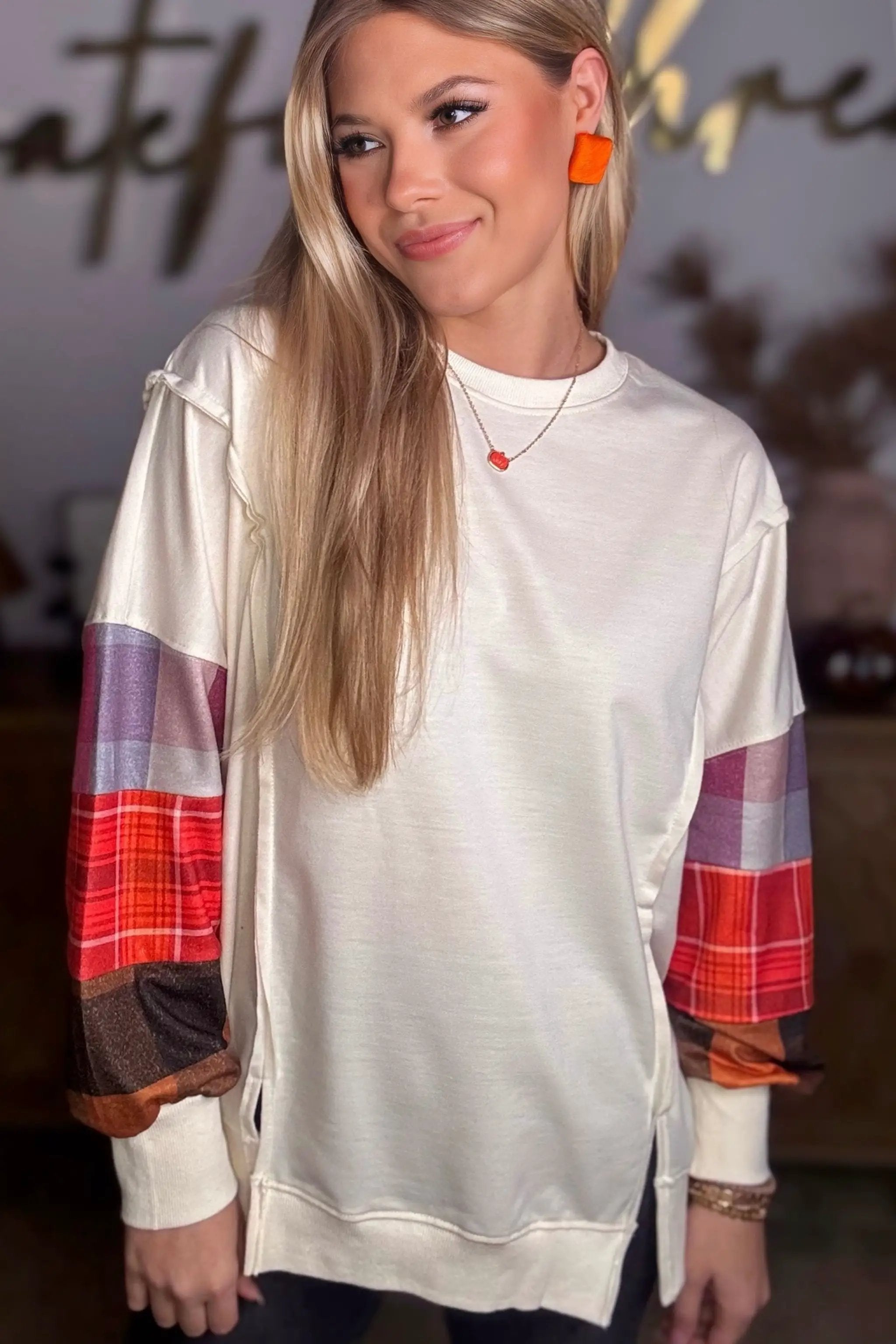 Grateful Threads Boutique Beige Contrast Plaid Long Sleeve Exposed Seam Patchwork Top - Shirts Beige Contrast Plaid Long Sleeve Exposed Seam Patchwork Top