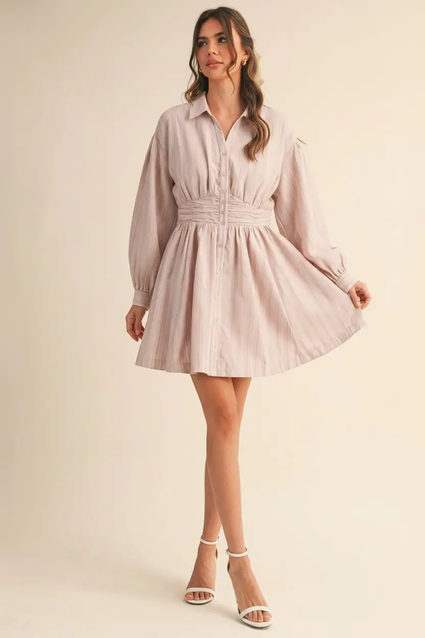 &MERCI Blushing Stripes Ruched Waist Mini Dress - Dresses