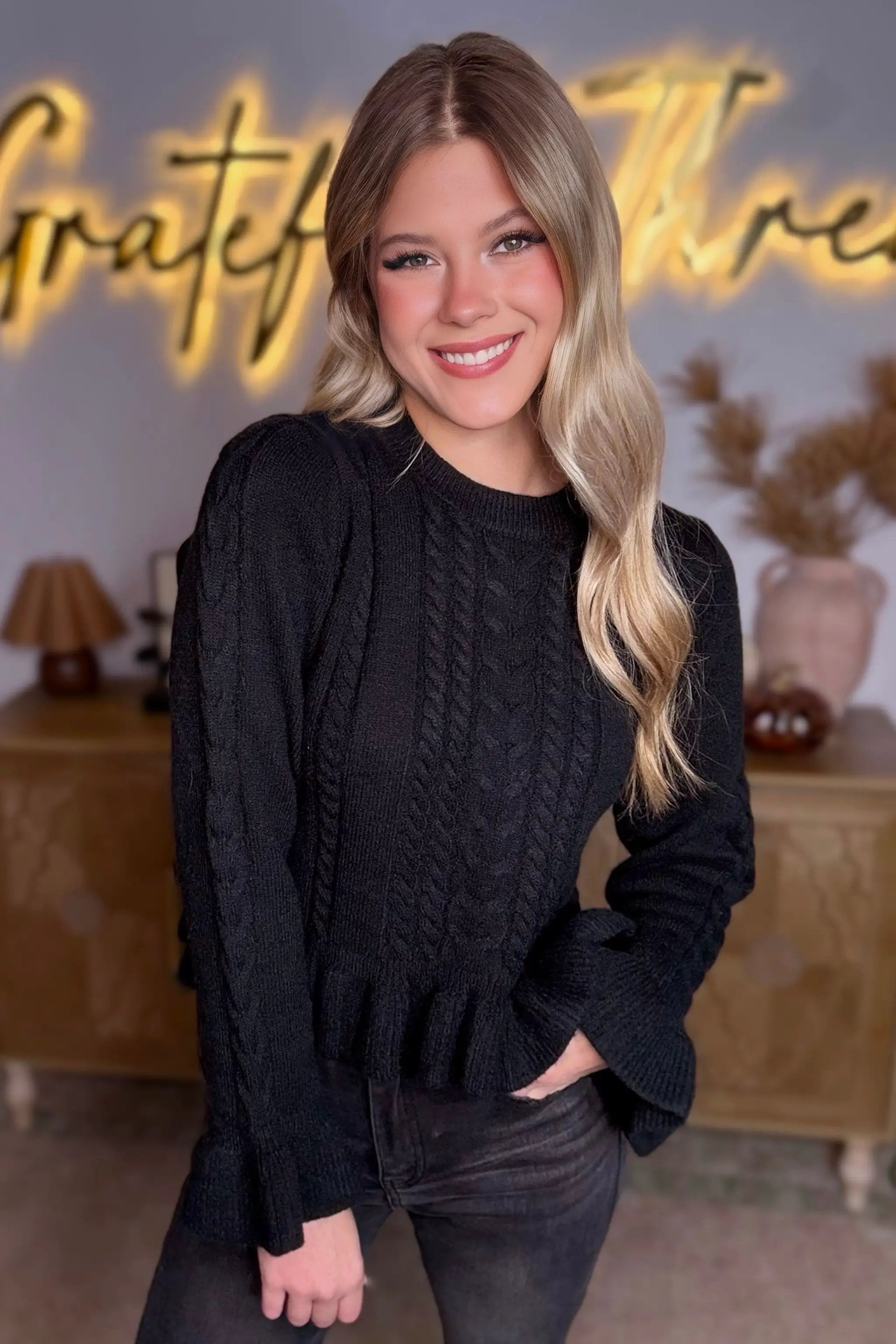Grace & Emma Sweet Serenity Black Ruffle Hem Peplum Sweater - Sweaters black ruffle hem sweater