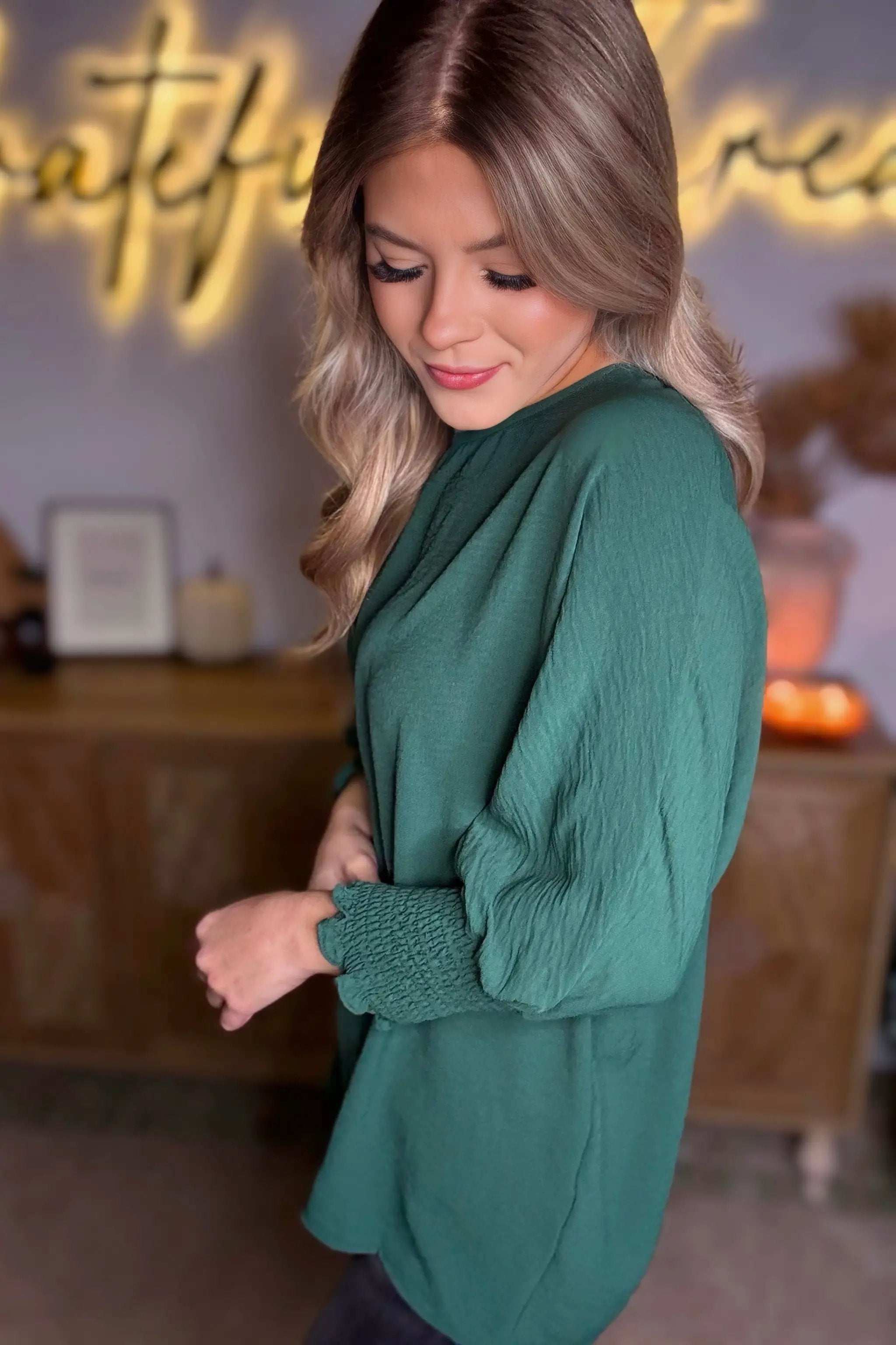 Grateful Threads Boutique Emerald Ease Smocked Cuff Blouse - Blouses Green Smocked Wrist Shift Top