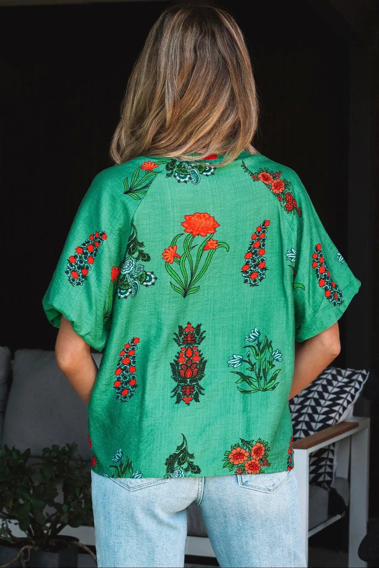 Grateful Threads Boutique Evergreen Bloom Buttoned V-Neck Floral Blouse - Blouses green floral print buttoned v neck blouse