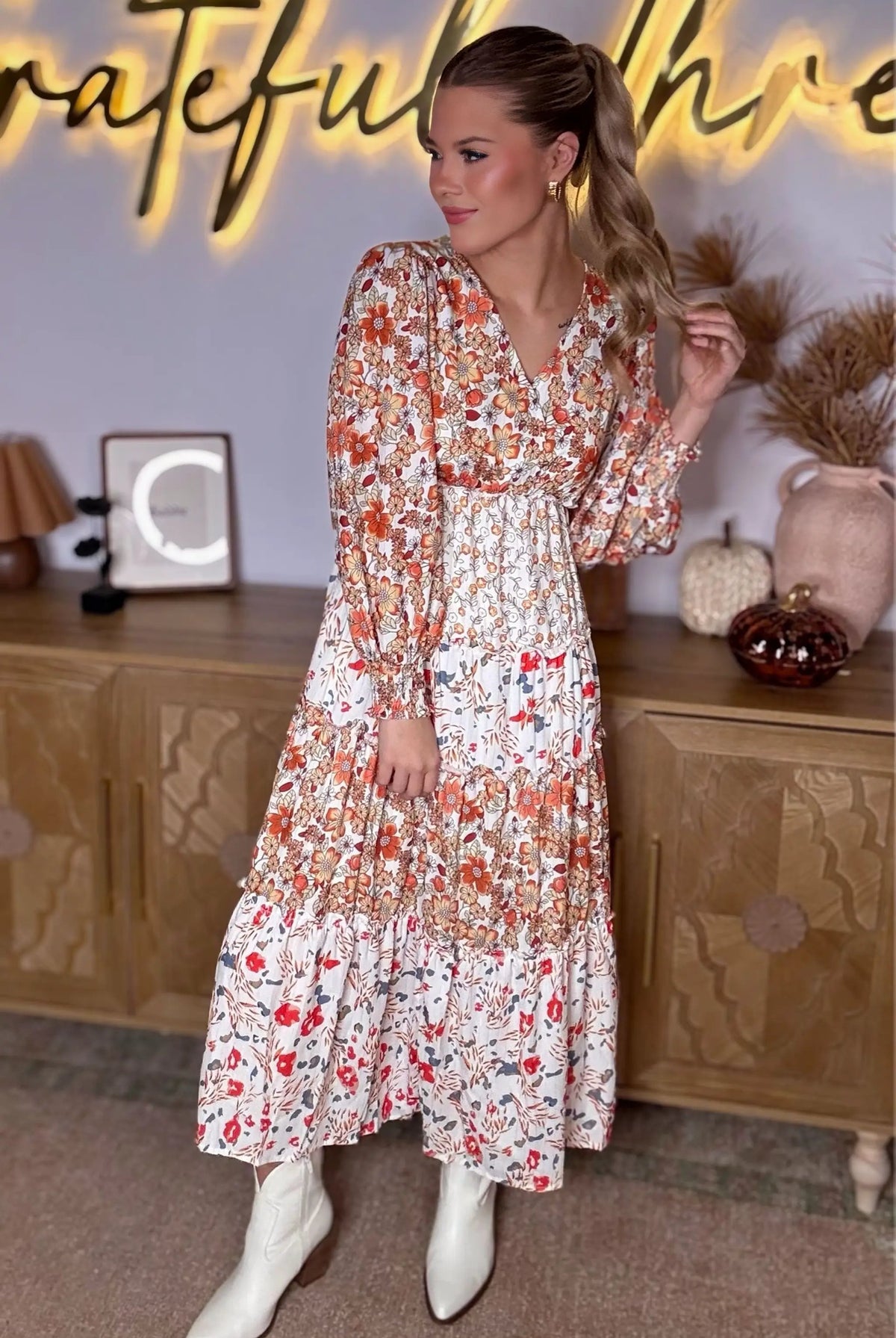 Grateful Threads Boutique The Pumpkin Patch Dress – Khaki Floral Tiered Midi for Fall Fun - Dresses