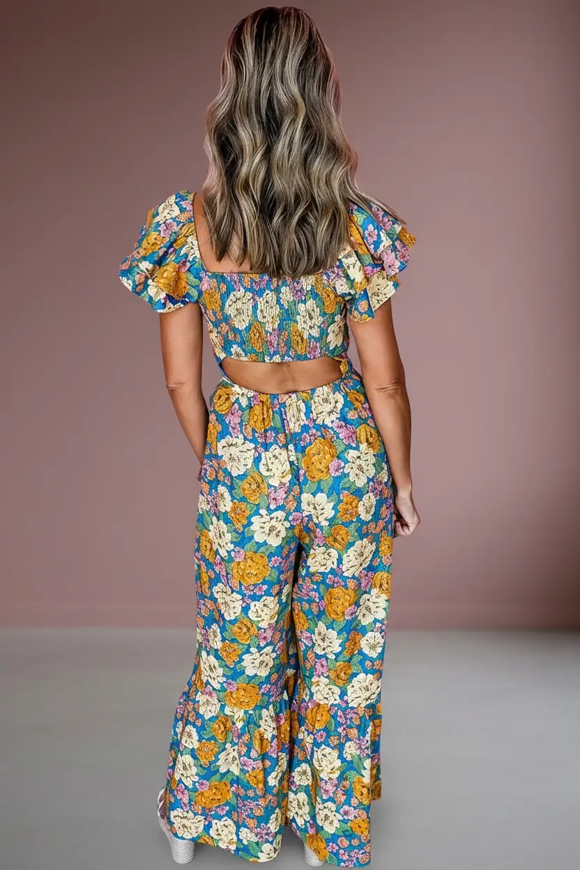 Grateful Threads Boutique The Golden Bloom Flutter Sleeve Jumpsuit - One-Pieces Yellow Floral Allover Print Shirred Cut Out High Waist Jumpsuit