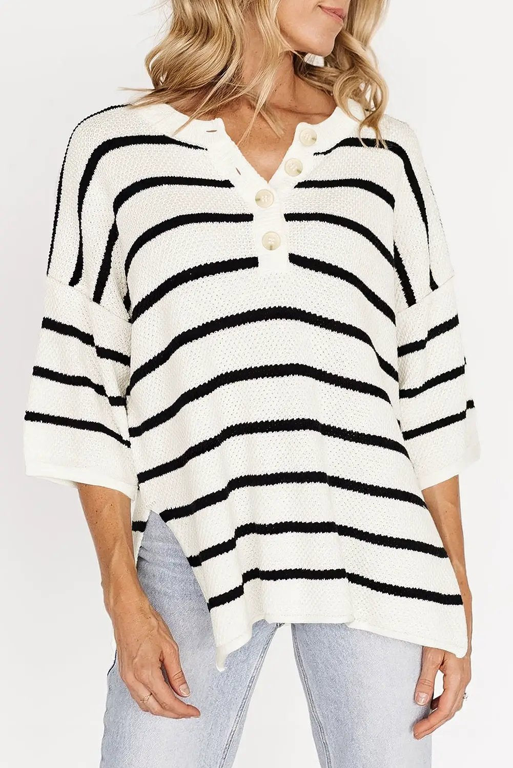 Grateful Threads Boutique White Stripe Henley Buttoned Placket Drop Shoulder Bracelet Sleeve Knit Sweater Tee - Sweaters White Stripe Henley Buttoned Placket Drop Shoulder Bracelet Sleeve Knit Sweater Tee
