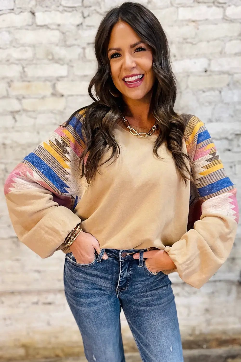 Grateful Threads Boutique Light French Beige Aztec Patchwork Raglan Pullover Sweatshirt - Sweatshirts Light French Beige Aztec Patchwork Raglan Pullover Sweatshirt