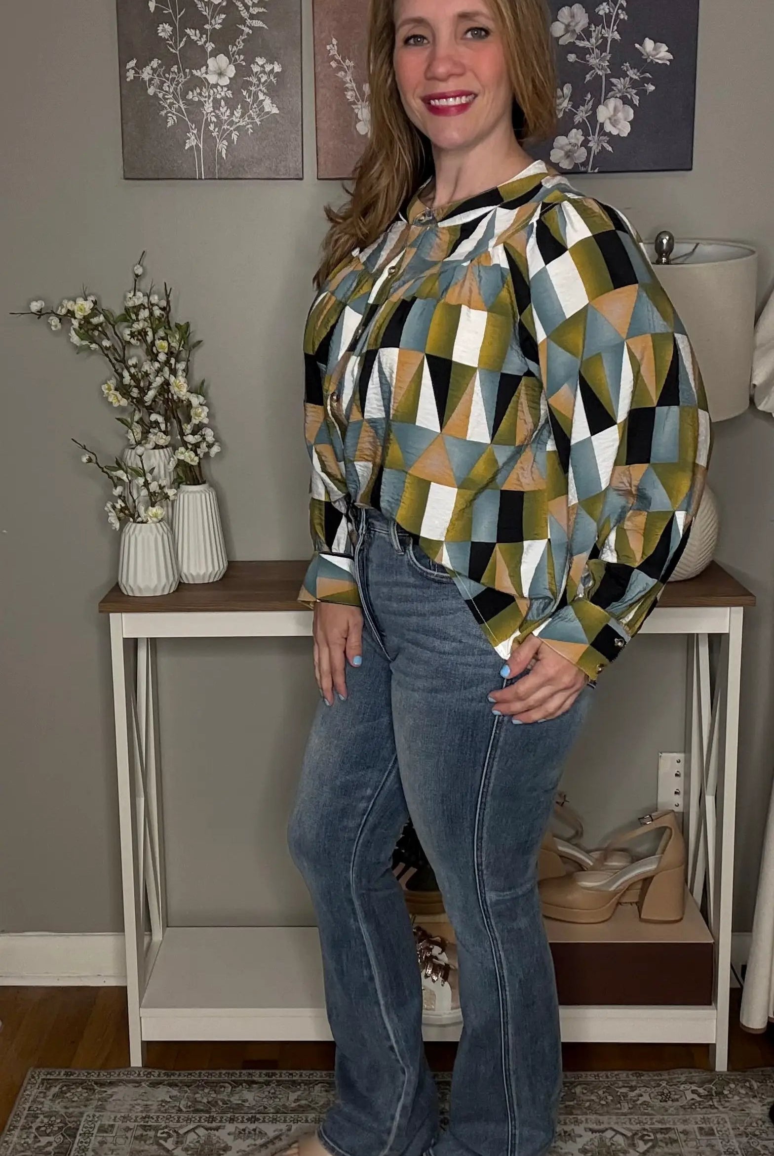 Grateful Threads Boutique Green Geometric Print Buttoned Ballooned Sleeve Blouse - Blouses