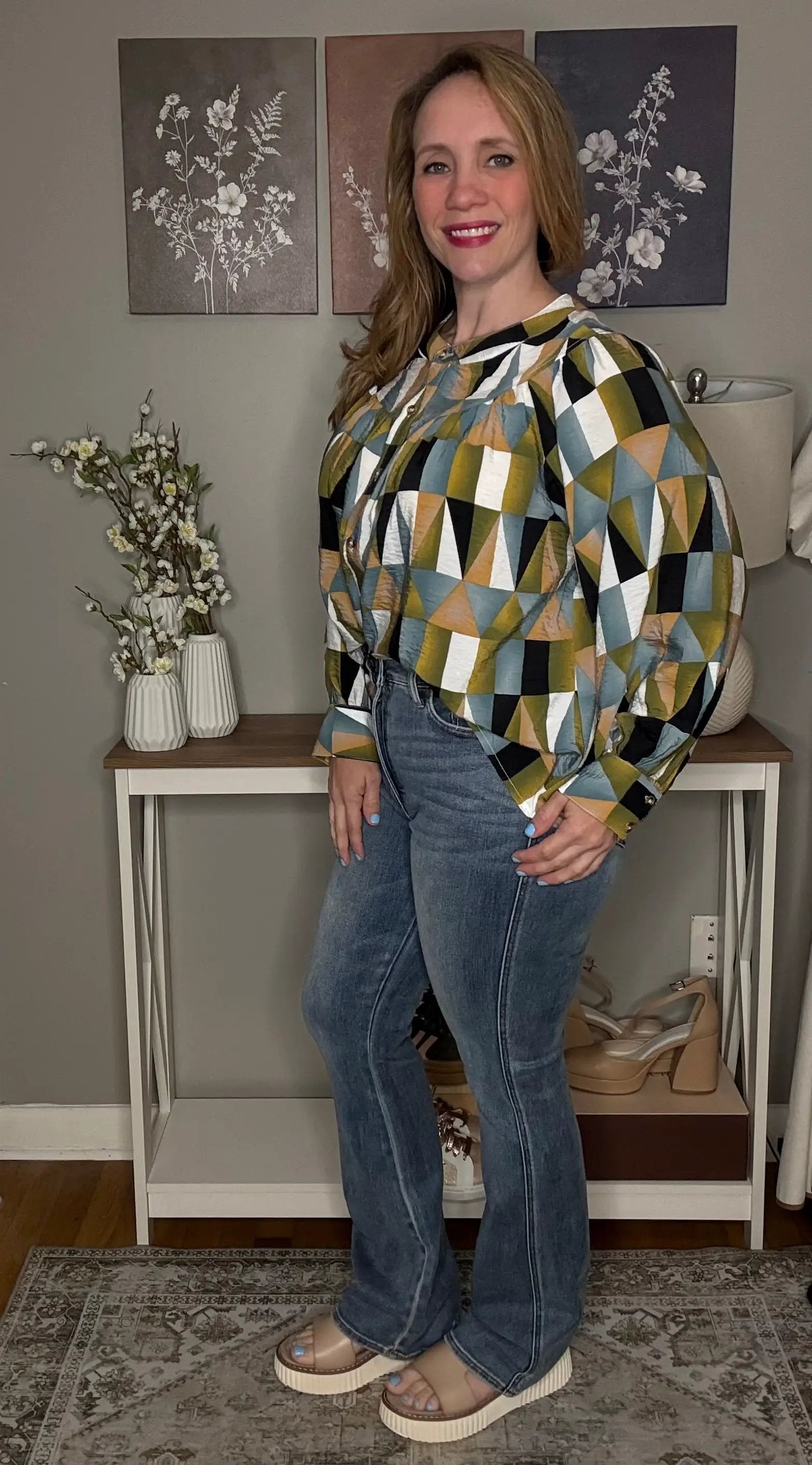 Grateful Threads Boutique Green Geometric Print Buttoned Ballooned Sleeve Blouse - Blouses