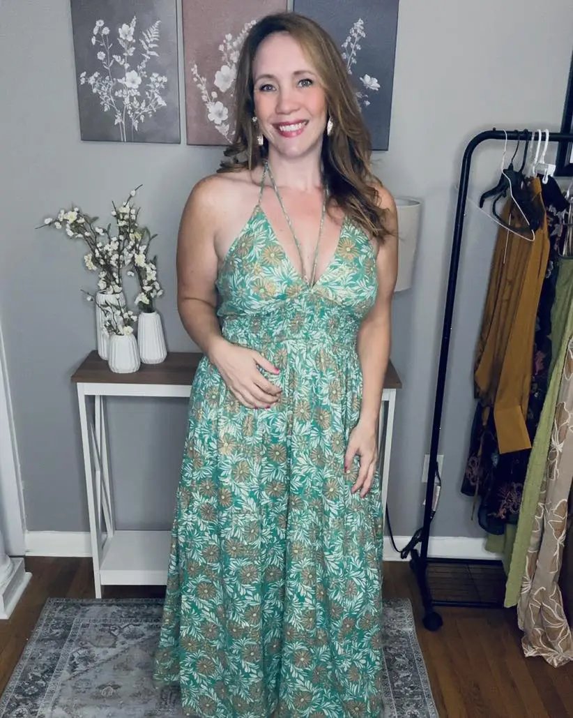En Crème En Crème Green Floral Print Strappy Halter Neck Midi Dress with Lurex - Dresses floral print strappy dress