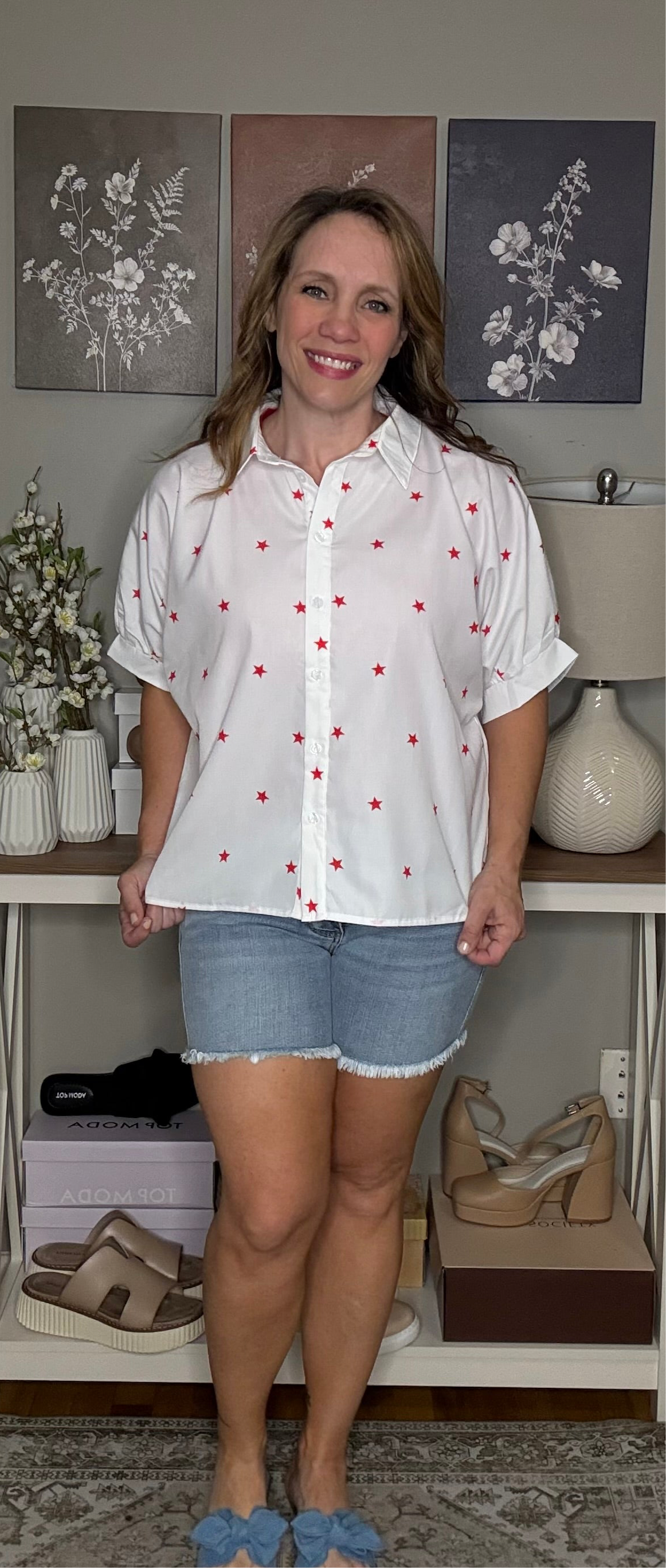 Grateful Threads Boutique White Red Little Stars Half Sleeve Shirt - Shirts white red little stars blouse