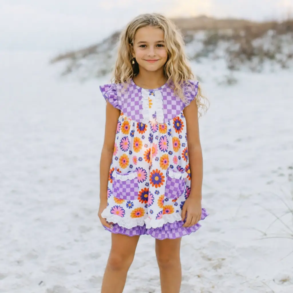 Adorable Sweetness Girls’ Lavender Check Flower Power Short Set - Outfit Sets