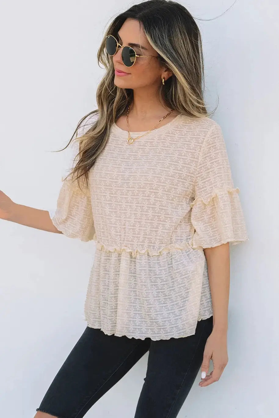 Grateful Threads Boutique Beige Lace Ruffled Peplum Blouse – Feminine, Flirty & Versatile - Blouses