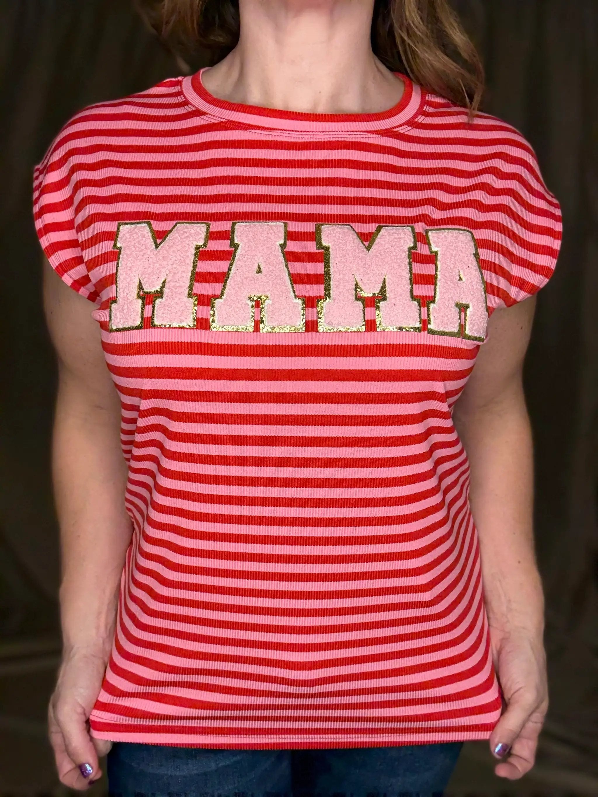 Grateful Threads Boutique Red Stripe MAMA Graphic Cap Sleeve T Shirt - T-Shirts Red Stripe MAMA Graphic Cap Sleeve T Shirt