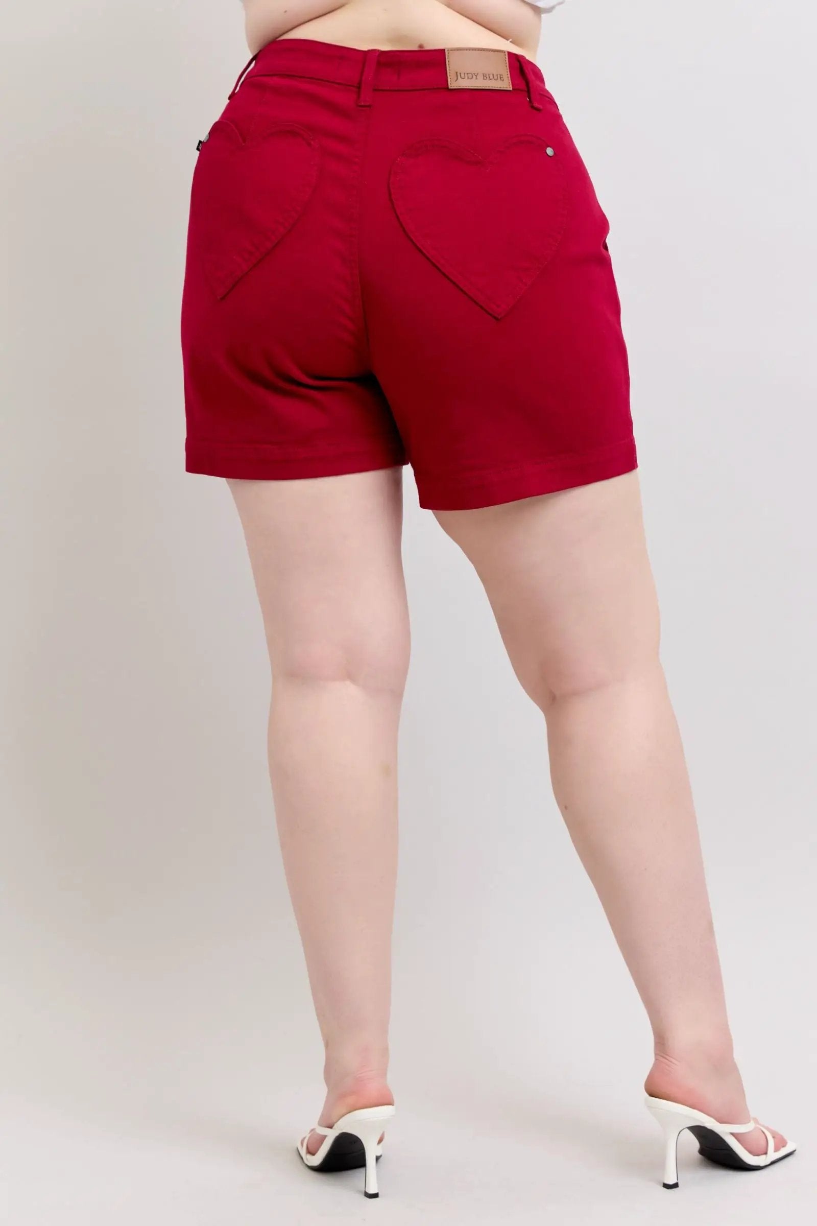 Judy Blue Judy Blue High Waist Tummy Control Garment Dyed Shorts with Heart Pockets in Scarlet PLUS - Shorts Judy Blue High Waist Tummy Control Garment Dyed Shorts with Heart Pockets in Scarlet PLUS