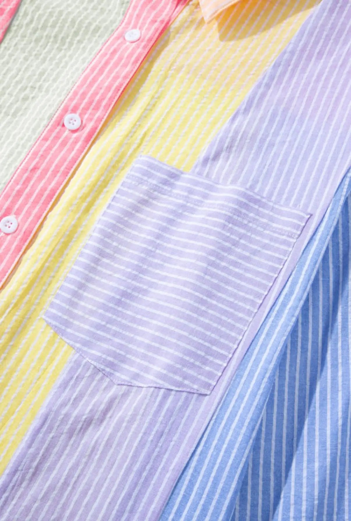 Grateful Threads Boutique Pink Stripe Color Block Chest Pocket Oversized Shirt - Shirts Pink Stripe Color Block Chest Pocket Oversized Shirt