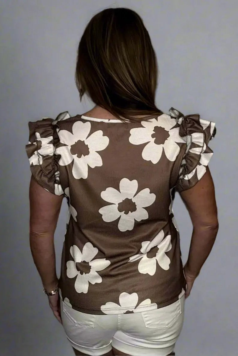 Grateful Threads Boutique Brown Floral Textured Ruffled Short Sleeve Square Neck Blouse - Blouses Brown Floral Textured Ruffled Short Sleeve Square Neck Blouse