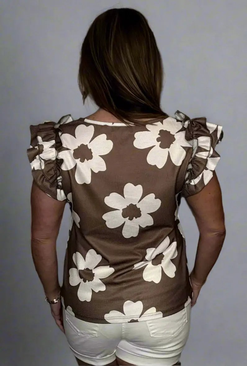 Grateful Threads Boutique Brown Floral Textured Ruffled Short Sleeve Square Neck Blouse - Blouses Brown Floral Textured Ruffled Short Sleeve Square Neck Blouse
