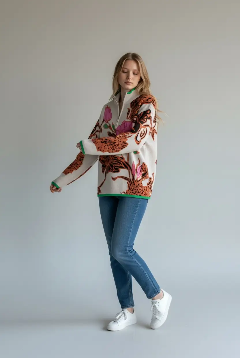 Grateful Threads Boutique Khaki Contrast Trim Floral Pattern Knit Quarter Zip Stand Neck Sweater - Sweaters Khaki Contrast Trim Floral Pattern Knit Quarter Zip Stand Neck Sweater