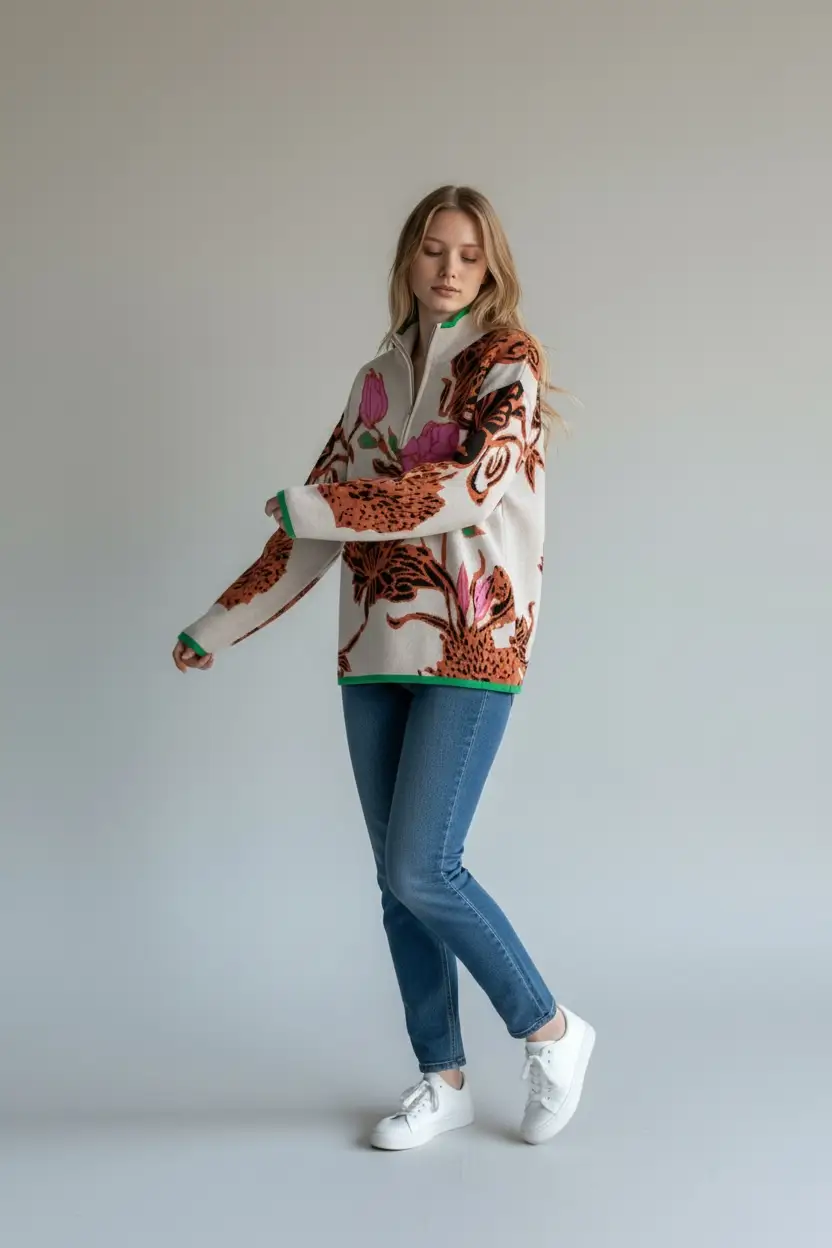 Grateful Threads Boutique Khaki Contrast Trim Floral Pattern Knit Quarter Zip Stand Neck Sweater - Sweaters Khaki Contrast Trim Floral Pattern Knit Quarter Zip Stand Neck Sweater