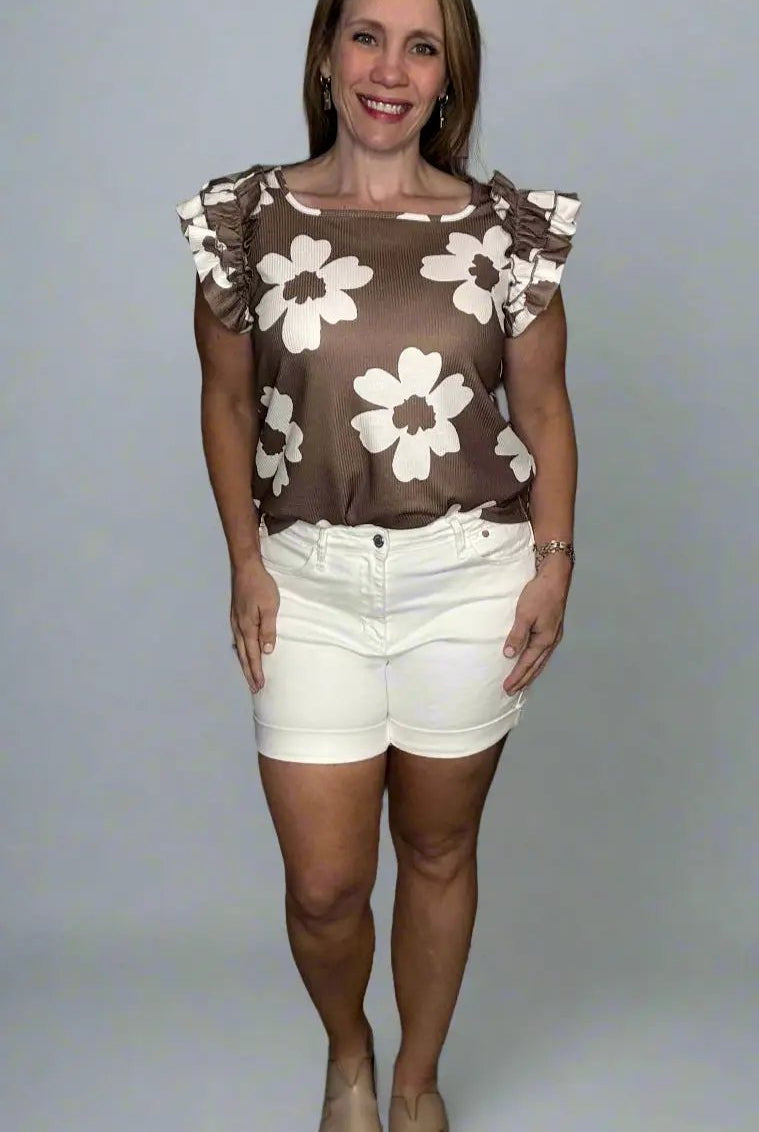 Grateful Threads Boutique Brown Floral Textured Ruffled Short Sleeve Square Neck Blouse - Blouses Brown Floral Textured Ruffled Short Sleeve Square Neck Blouse