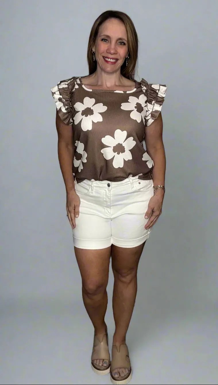 Grateful Threads Boutique Brown Floral Textured Ruffled Short Sleeve Square Neck Blouse - Blouses Brown Floral Textured Ruffled Short Sleeve Square Neck Blouse