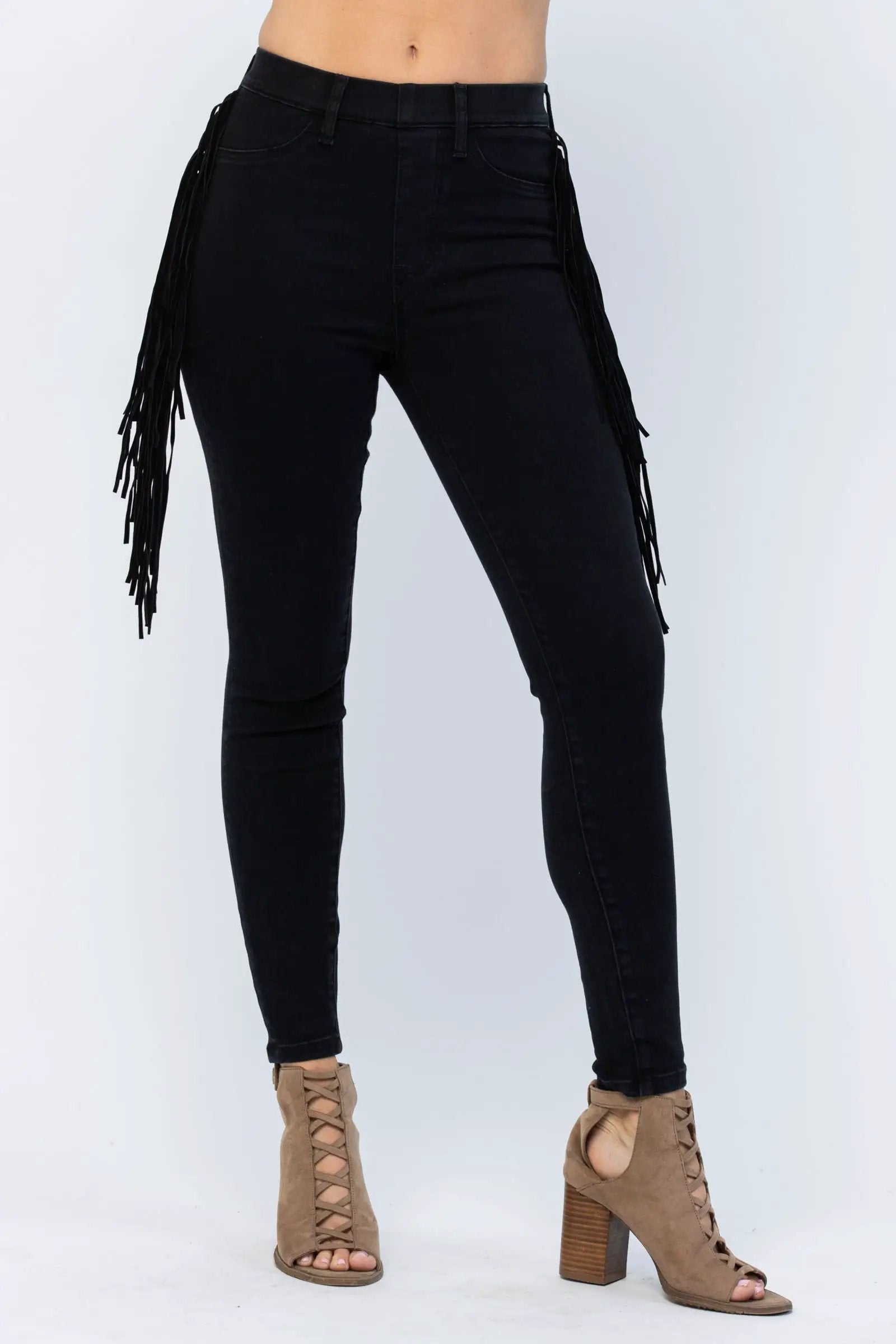 Judy Blue The Side Fringe Skinny Mid Rise Jegging - Jeans Judy Blue Black Jeggings with Side Fringe Skinny Leg MId Rise