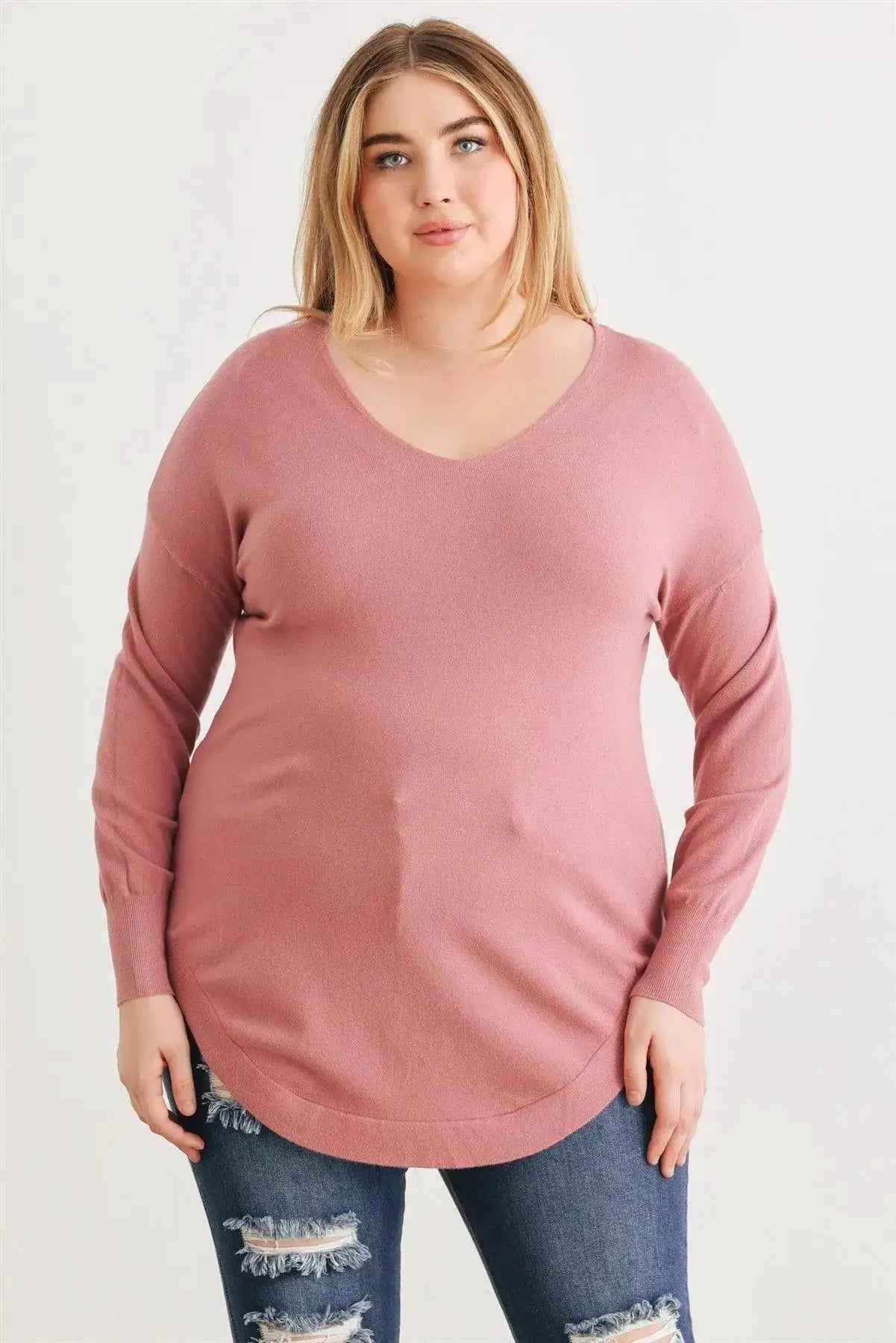 Zenobia Plus Size Lace-Up Back Curved Hem Basic Knit Top - Clothing Tops Plus size Lace-up back knit top