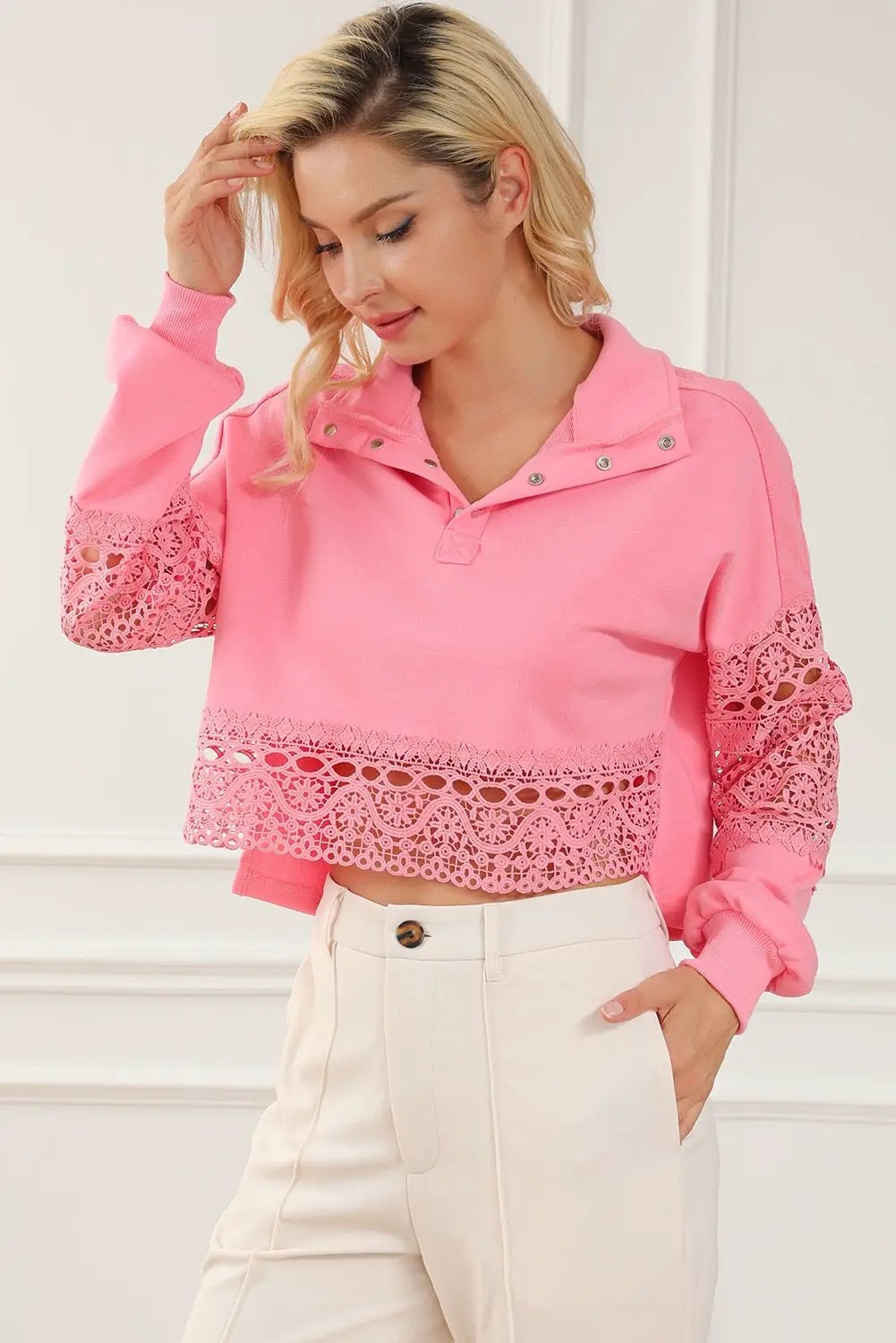 Grateful Threads Boutique Pink Hollowed Lace Splicing Cropped Sweatshirt - Sweatshirts Pink Hollowed Lace Splicing Cropped Sweatshirt