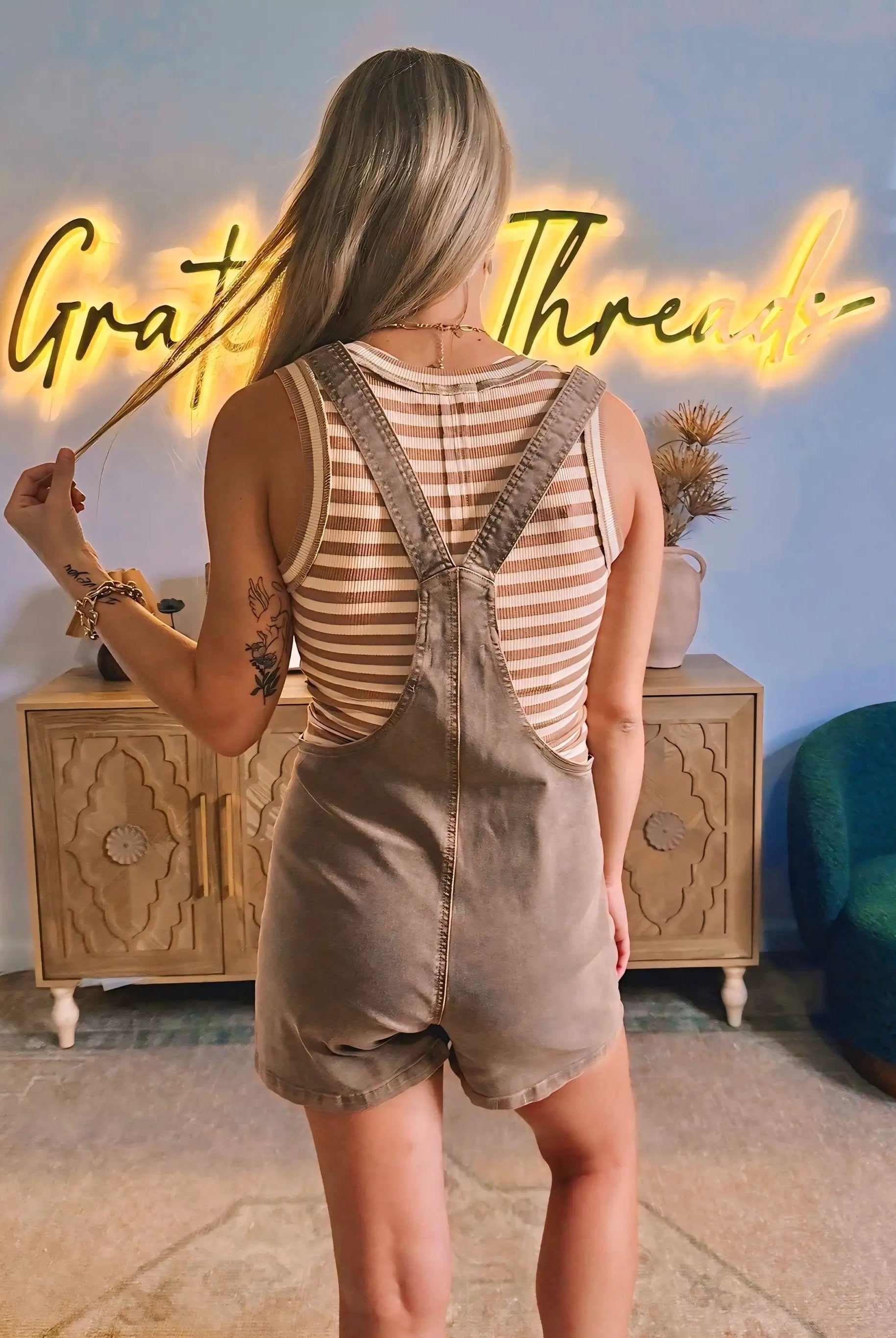 Grateful Threads Boutique Effortlessly Cool Knot Strap Denim Romper – Light French Beige - One-Pieces Beige romper